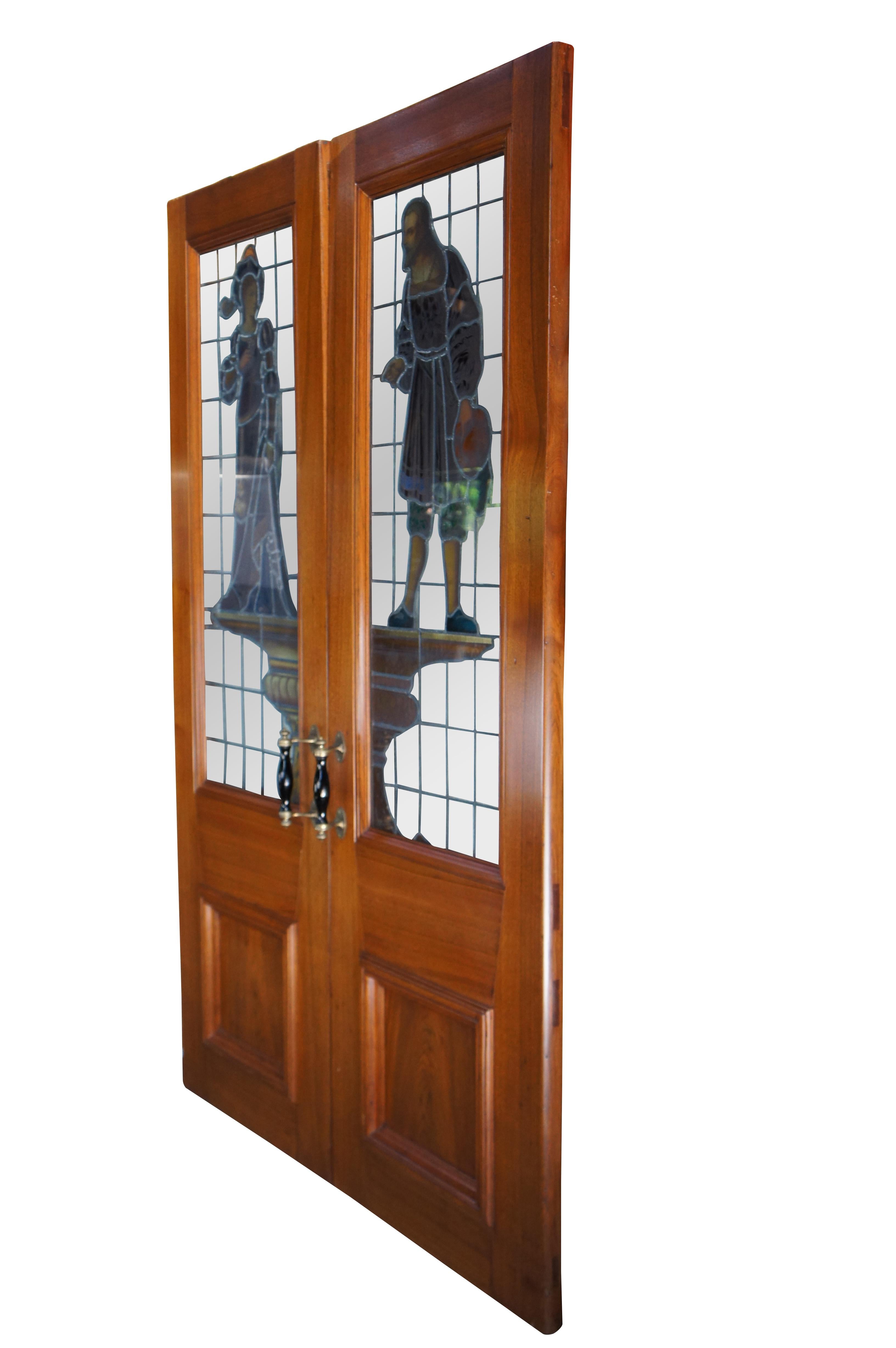 Rare Antique 19th C. Neo Renaissance Figural Leaded Stained Glass Mahogany Doors In Good Condition For Sale In Dayton, OH