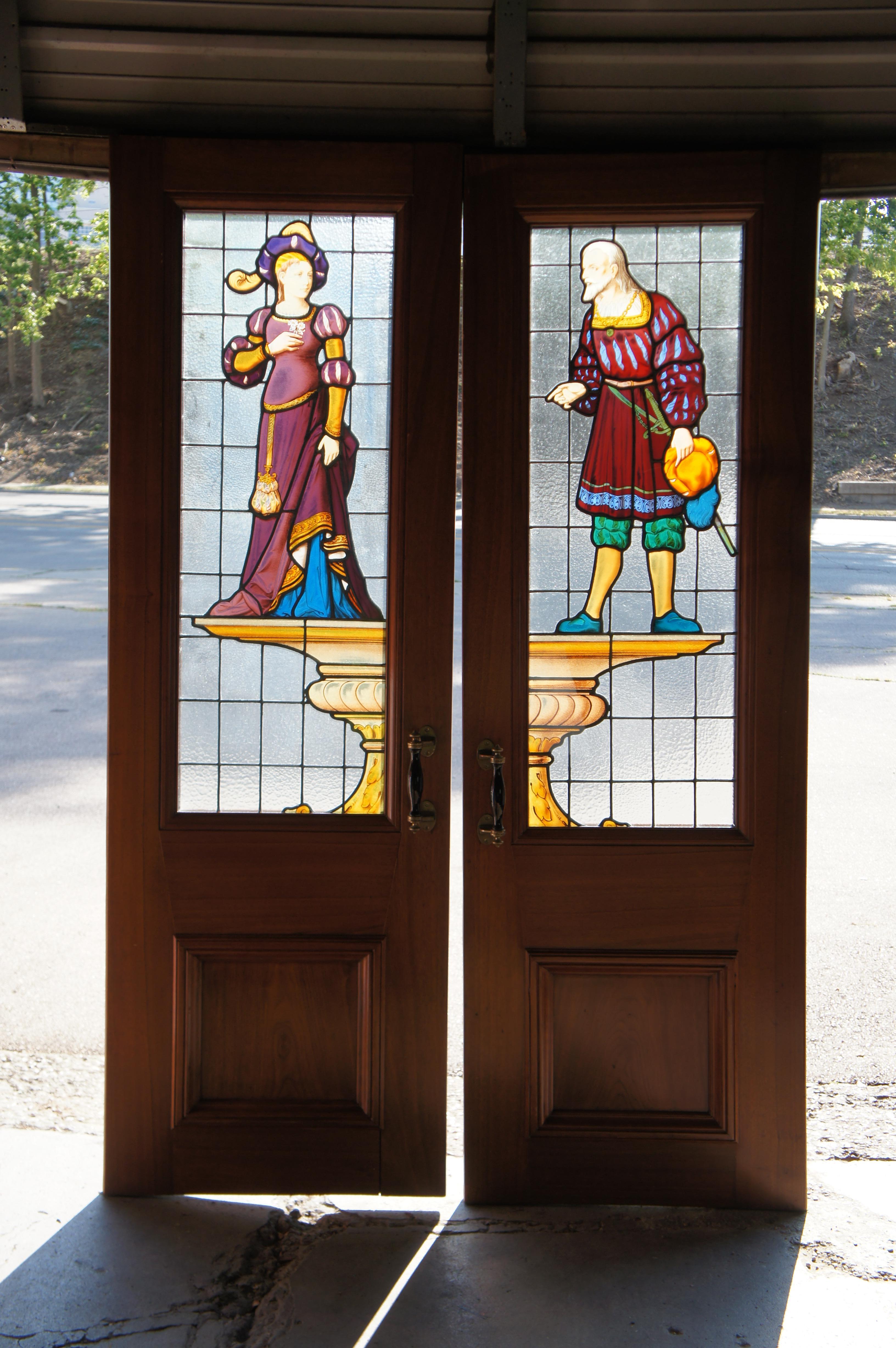 19th Century Rare Antique 19th C. Neo Renaissance Figural Leaded Stained Glass Mahogany Doors For Sale