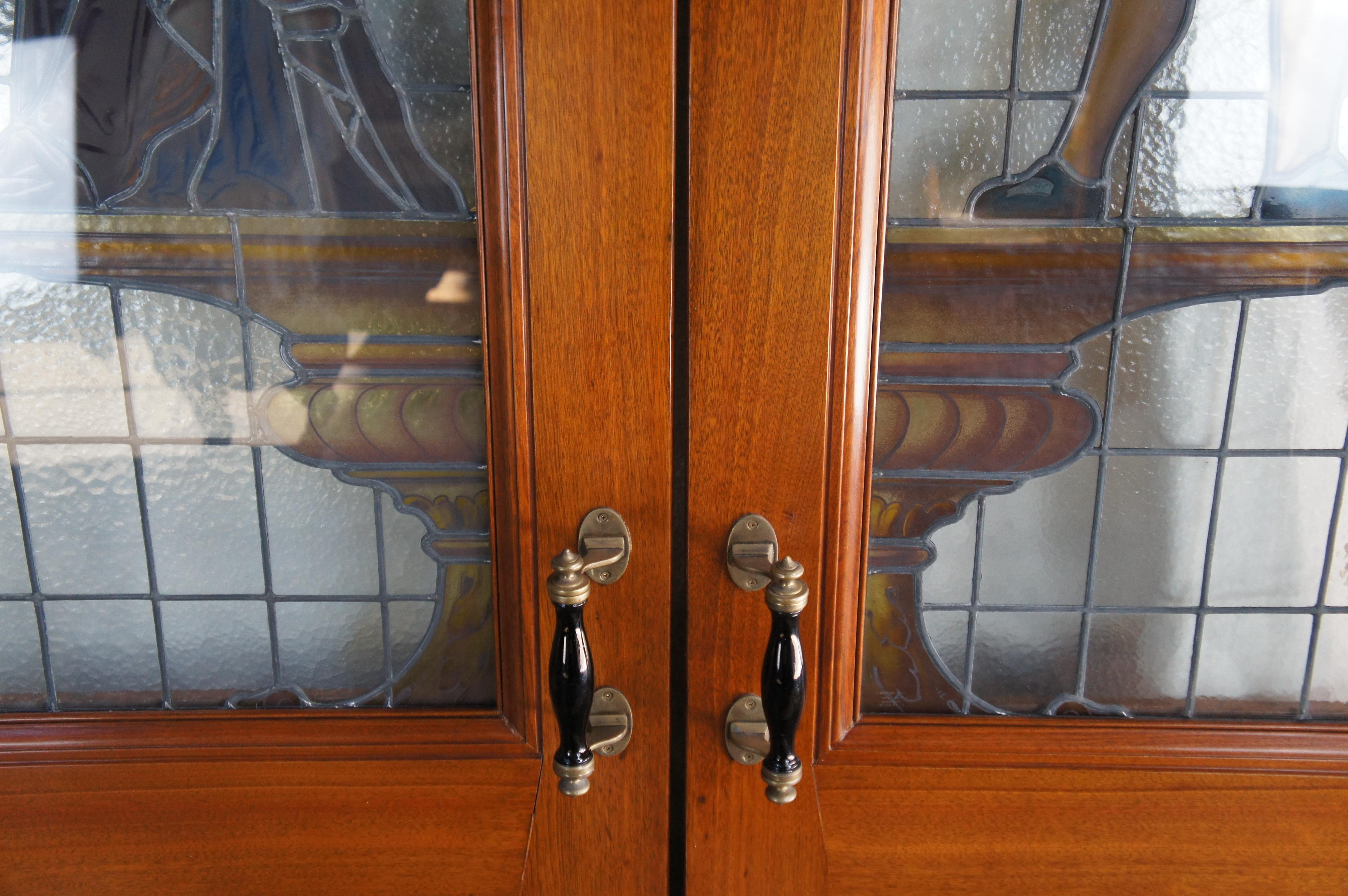 Rare Antique 19th C. Neo Renaissance Figural Leaded Stained Glass Mahogany Doors For Sale 2