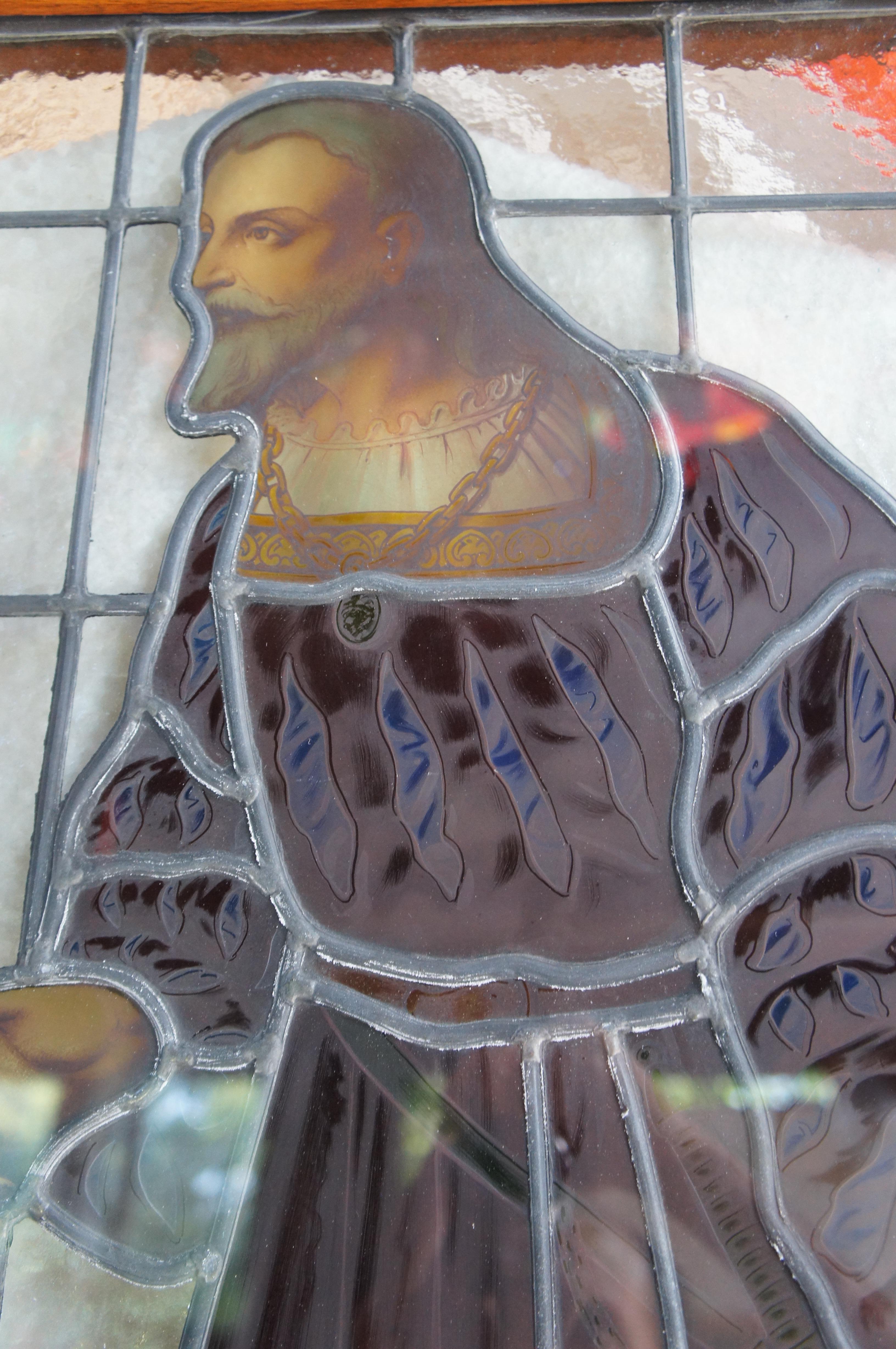 Rare Antique 19th C. Neo Renaissance Figural Leaded Stained Glass Mahogany Doors For Sale 4