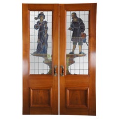 Rare Antique 19th C. Neo Renaissance Figural Leaded Stained Glass Mahogany Doors