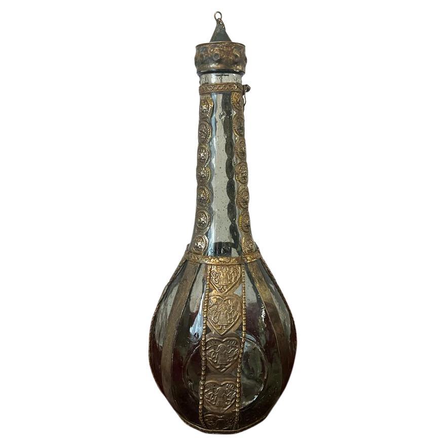 Rare Antique 19th Century Hand Blown Anglo-Egyptian Glass and Bronze Bottle For Sale