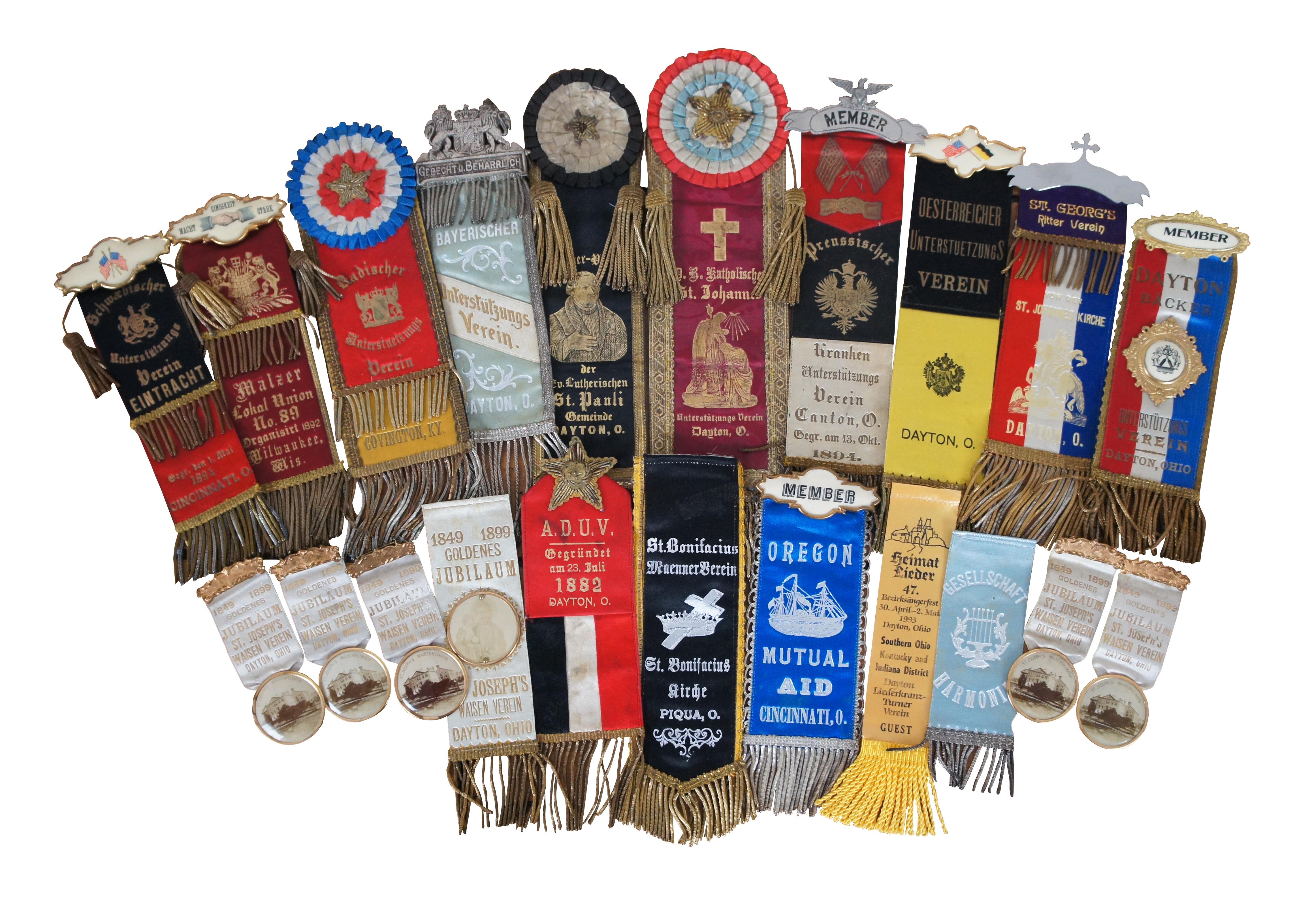 Large rare lot of 41 assorted late 19th – early 20th century antique labor union ribbons / pins, primarily from the German speaking Community of Dayton, Ohio, plus a smattering of other cities including Cincinnati, Piqua, and Canton Ohio; Covington,