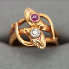 Rare Antique 22 Karat Gold Ruby Diamond Snake Ring