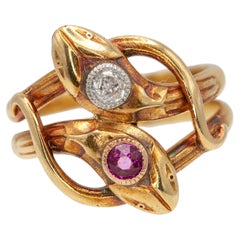 Rare Antique 22 Karat Gold Ruby Diamond Snake Ring
