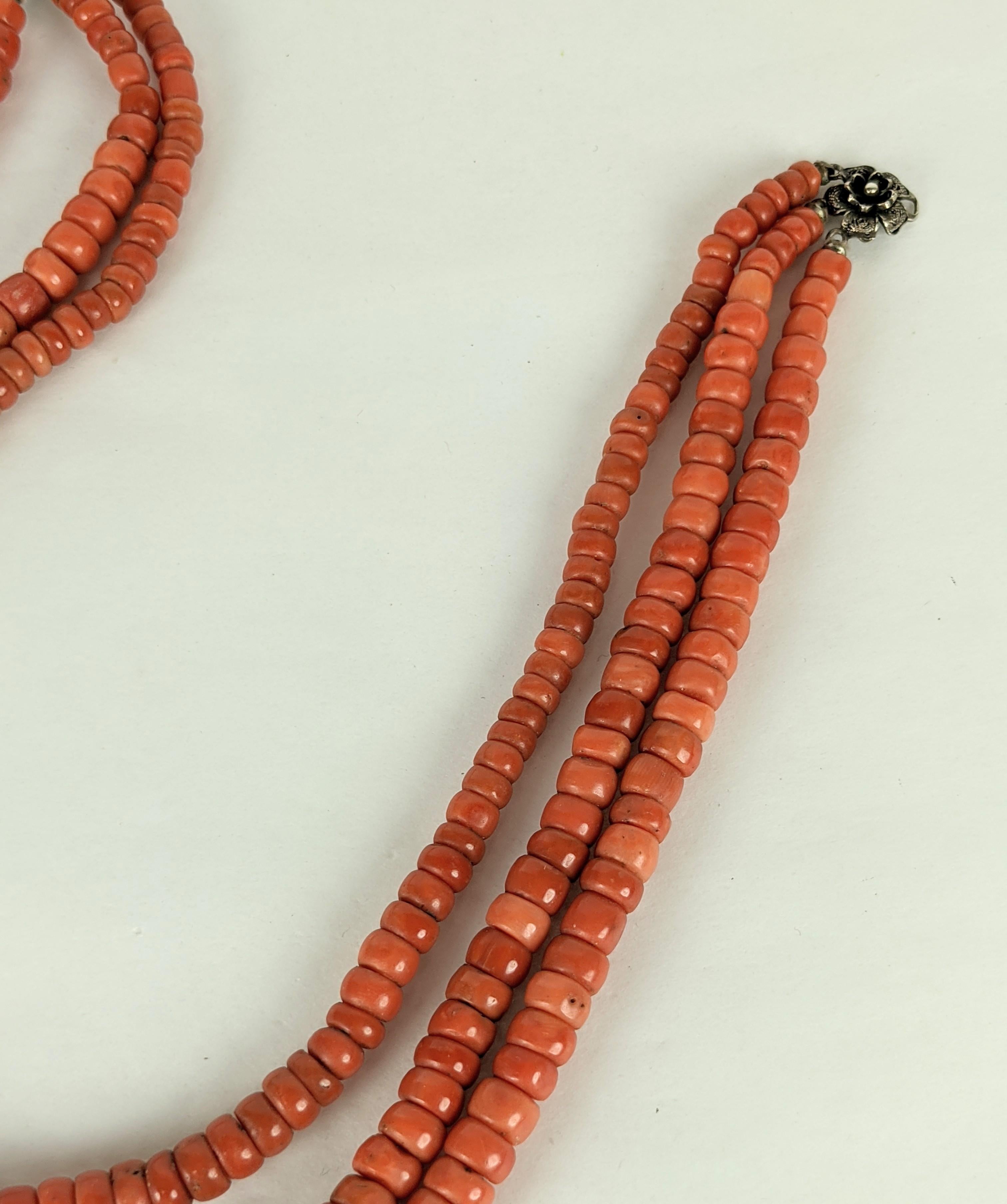Rare 3 strand Antique Genuine Coral Beads with silver filigreed clasp. Hard to find natural untreated coral with graduated toggle beads circa 1900, Italy.  Color is more red than images.
15