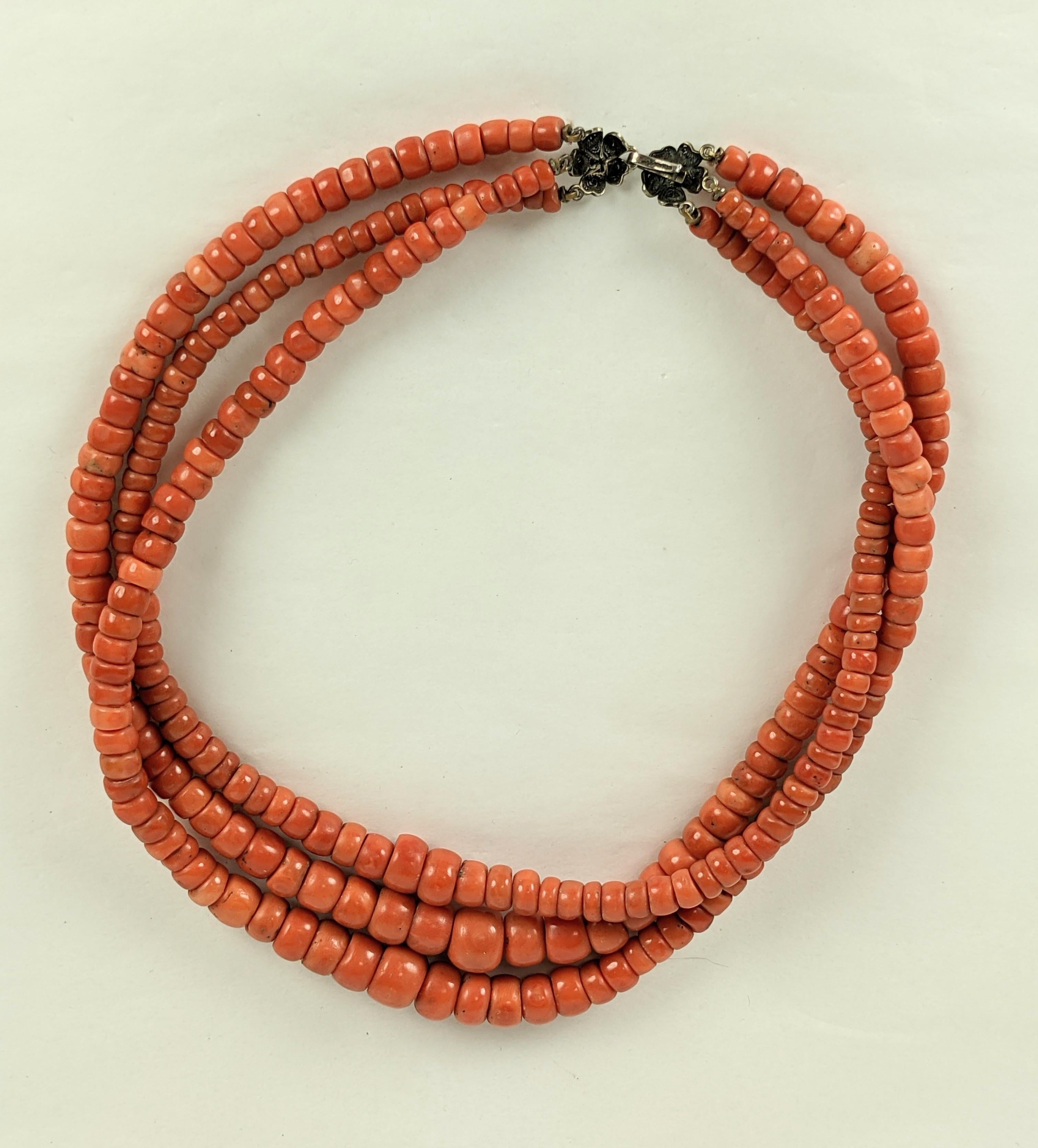 Late Victorian Rare Antique 3 Strand Coral Beads  For Sale