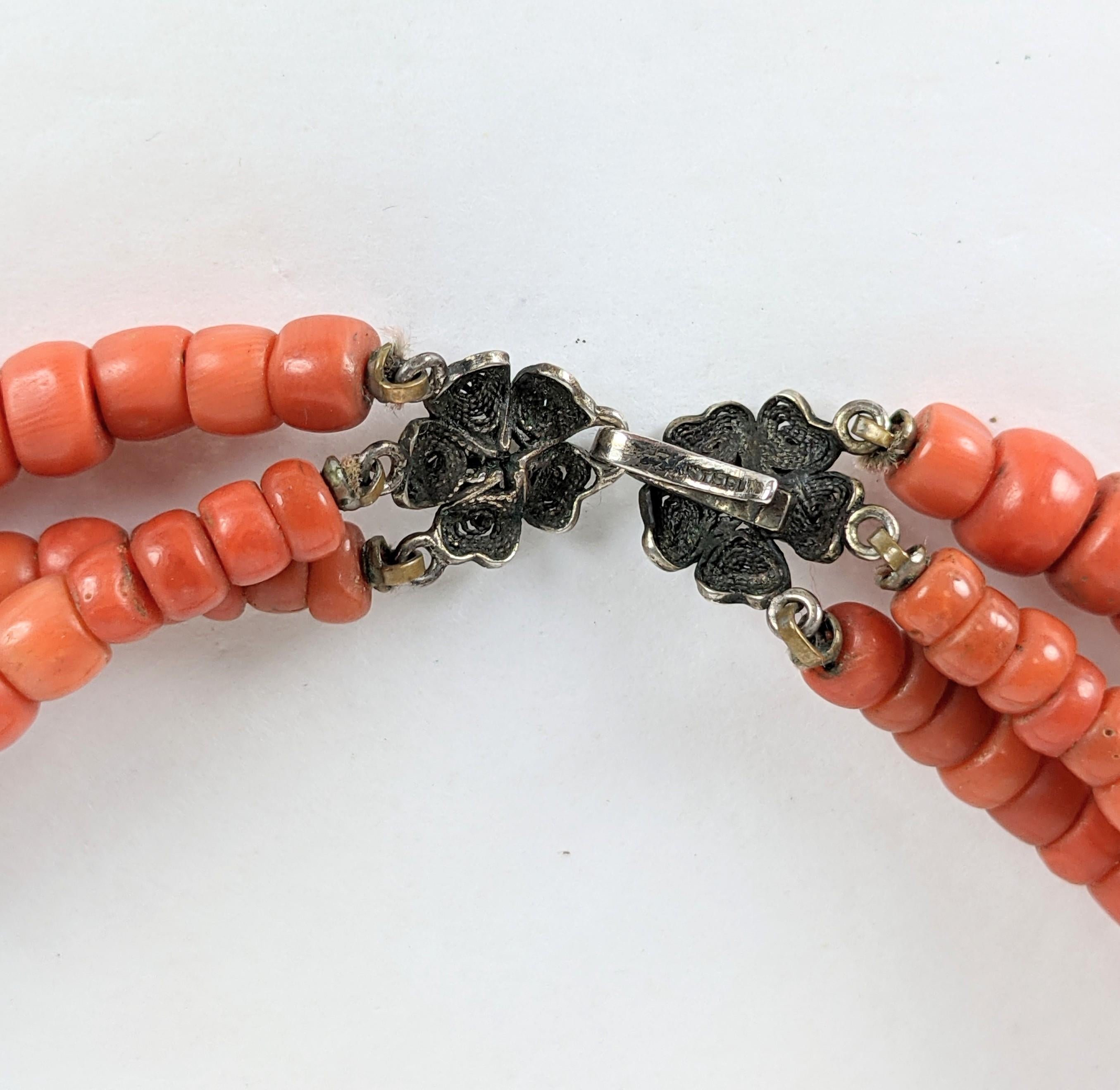 Rare Antique 3 Strand Coral Beads  In Excellent Condition For Sale In New York, NY