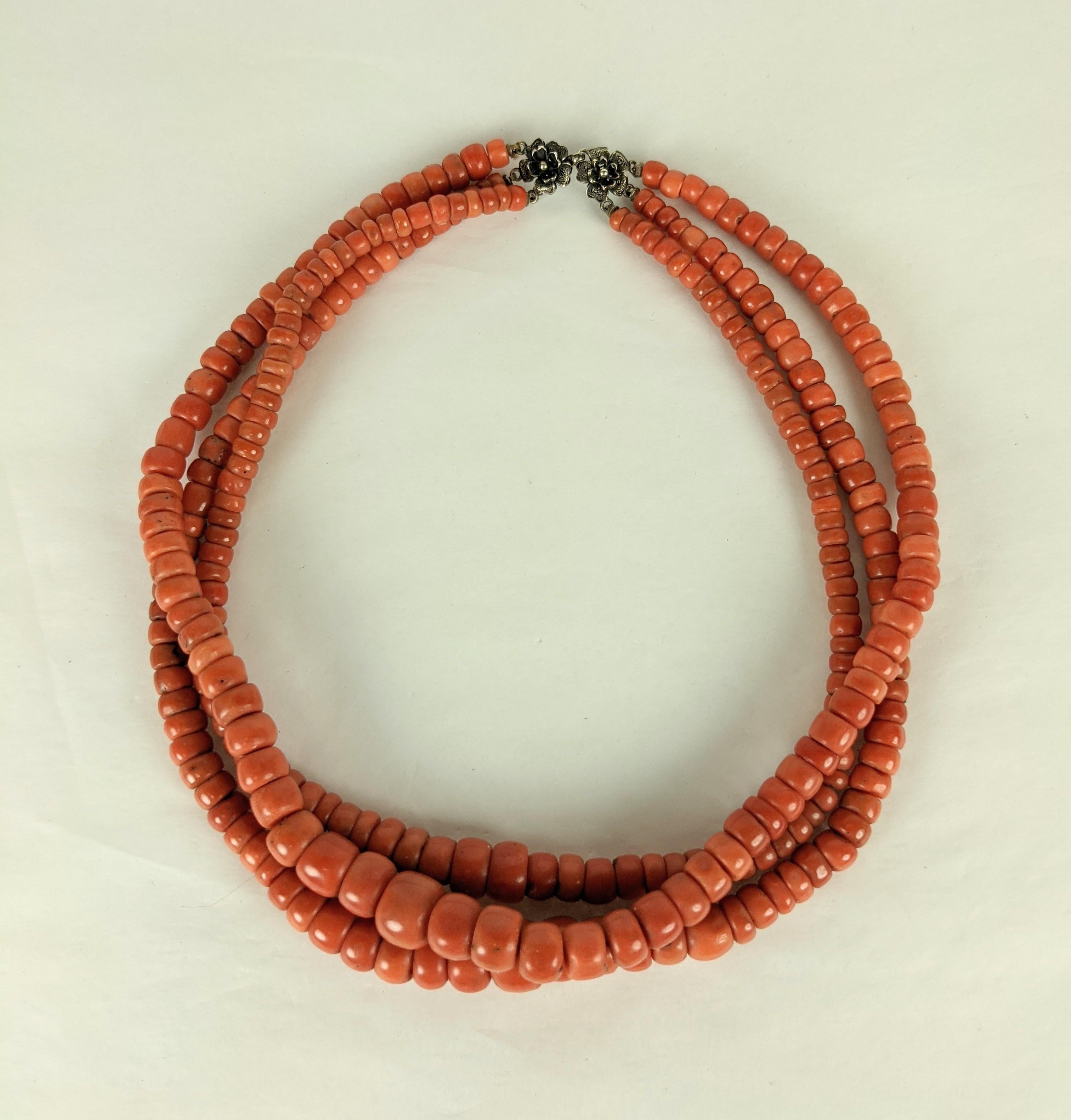 Women's or Men's Rare Antique 3 Strand Coral Beads  For Sale