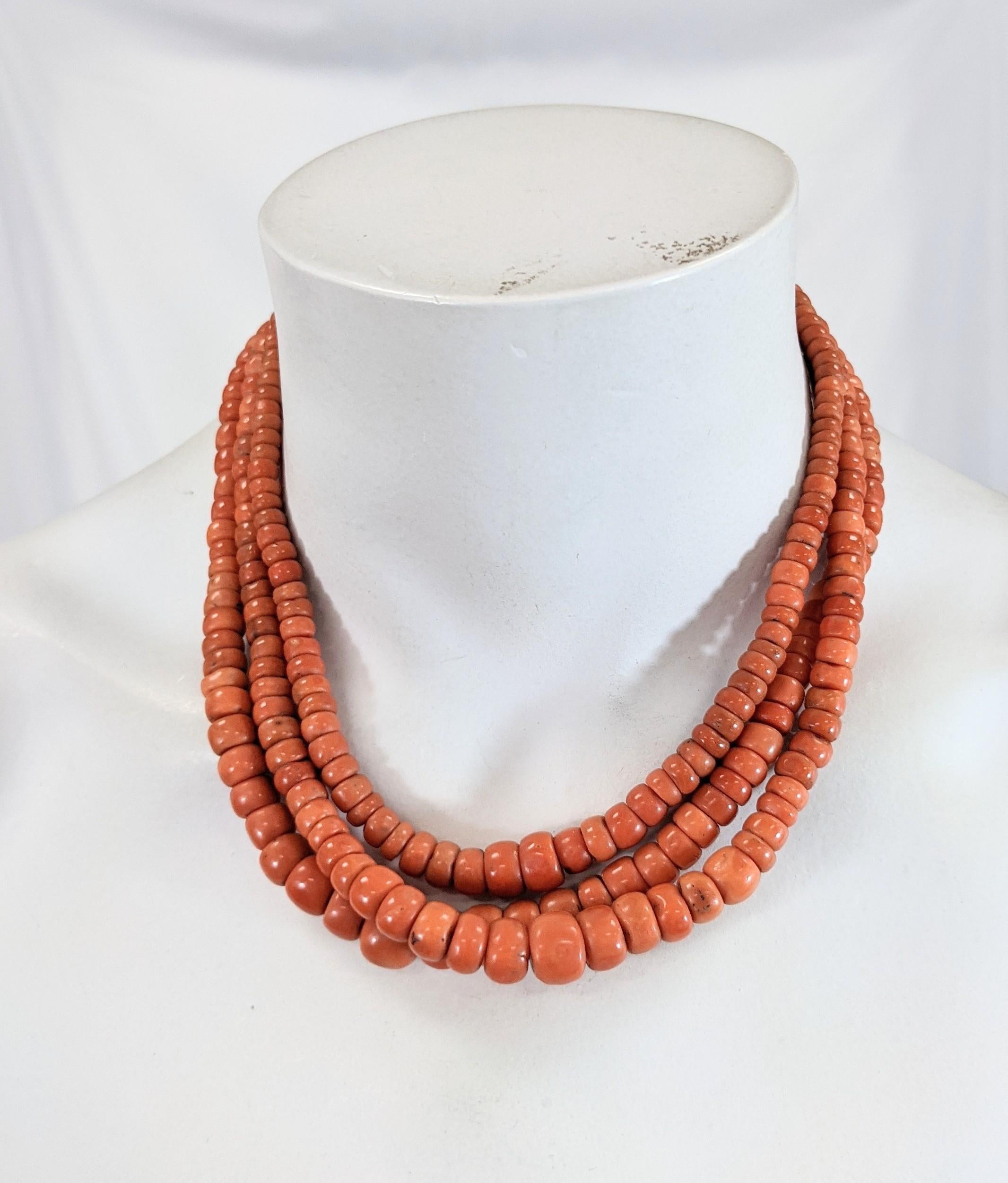 Rare Antique 3 Strand Coral Beads  For Sale 1