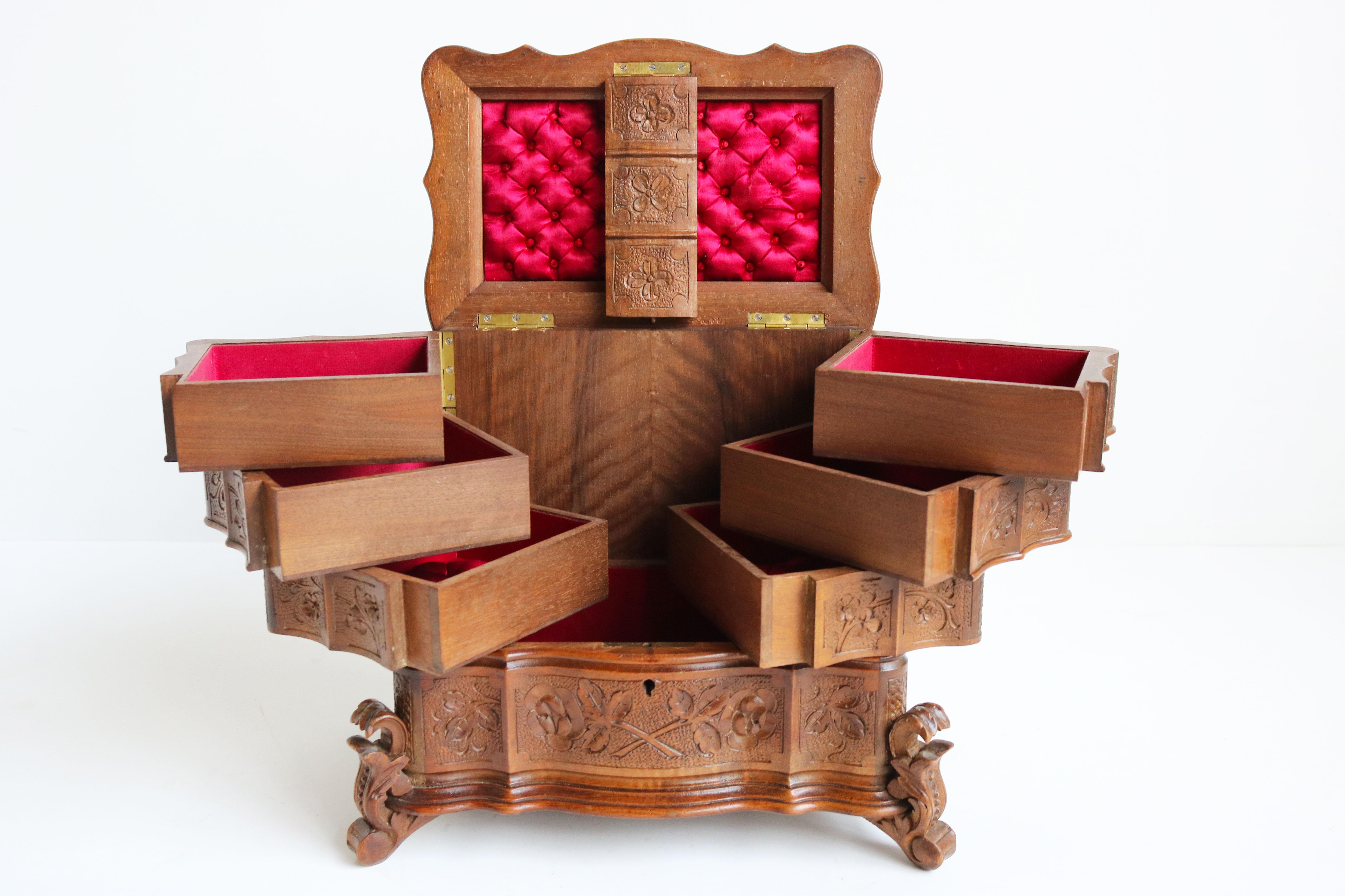 Rare Antique 4 Tier Black Forest Jewelry Box Fruitwood 19th Century Hand Carved 3