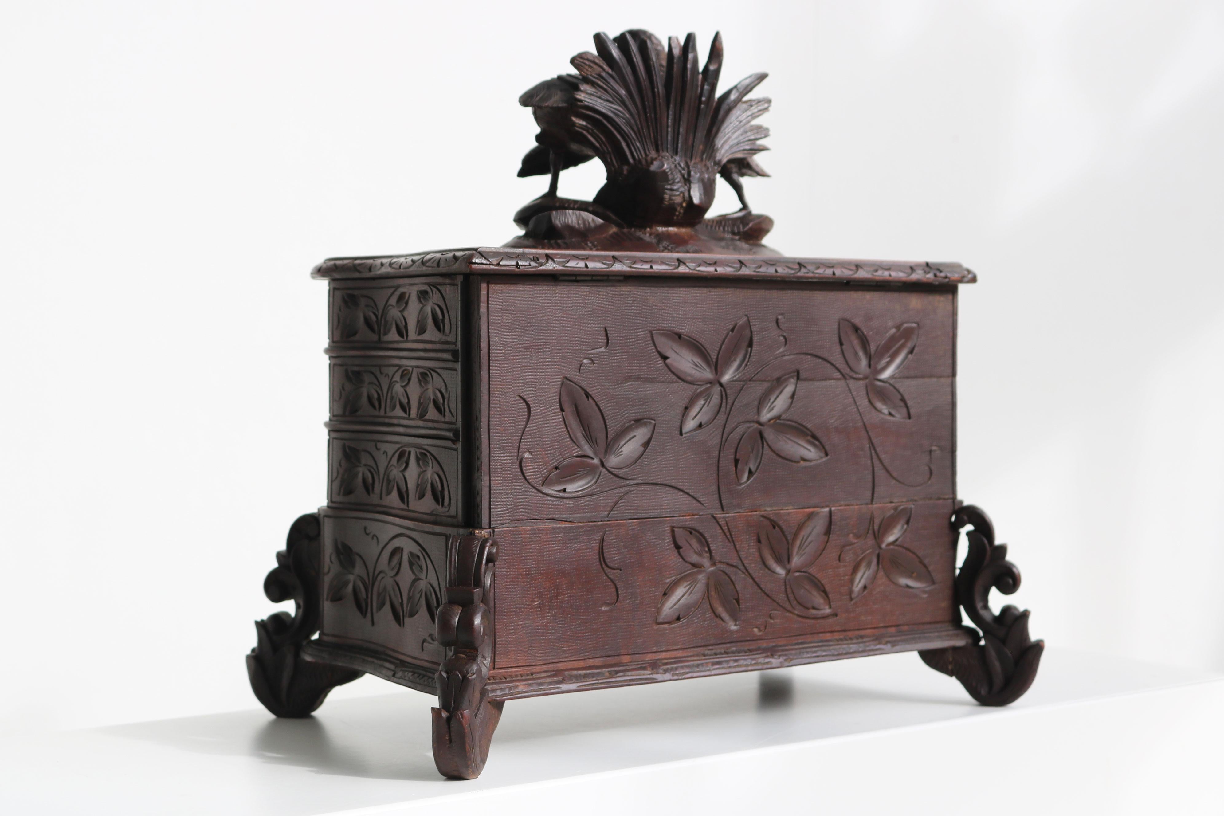 Rare Antique 4 Tier Black Forest Jewelry Box Fruitwood 19th Century Hand Carved For Sale 4