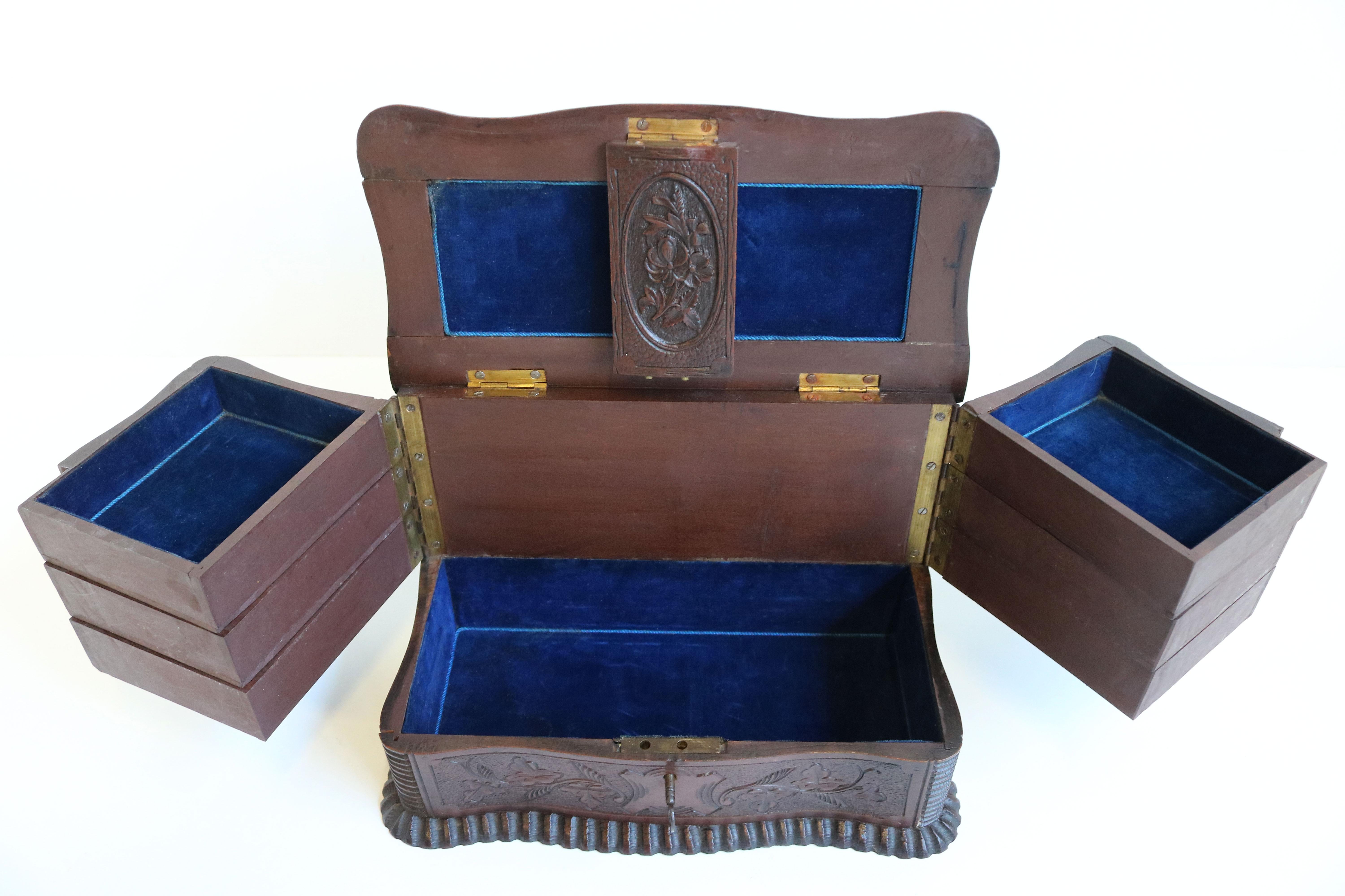Rare Antique 4 Tier Black Forest Jewelry Box Fruitwood 19th Century Hand Carved For Sale 5