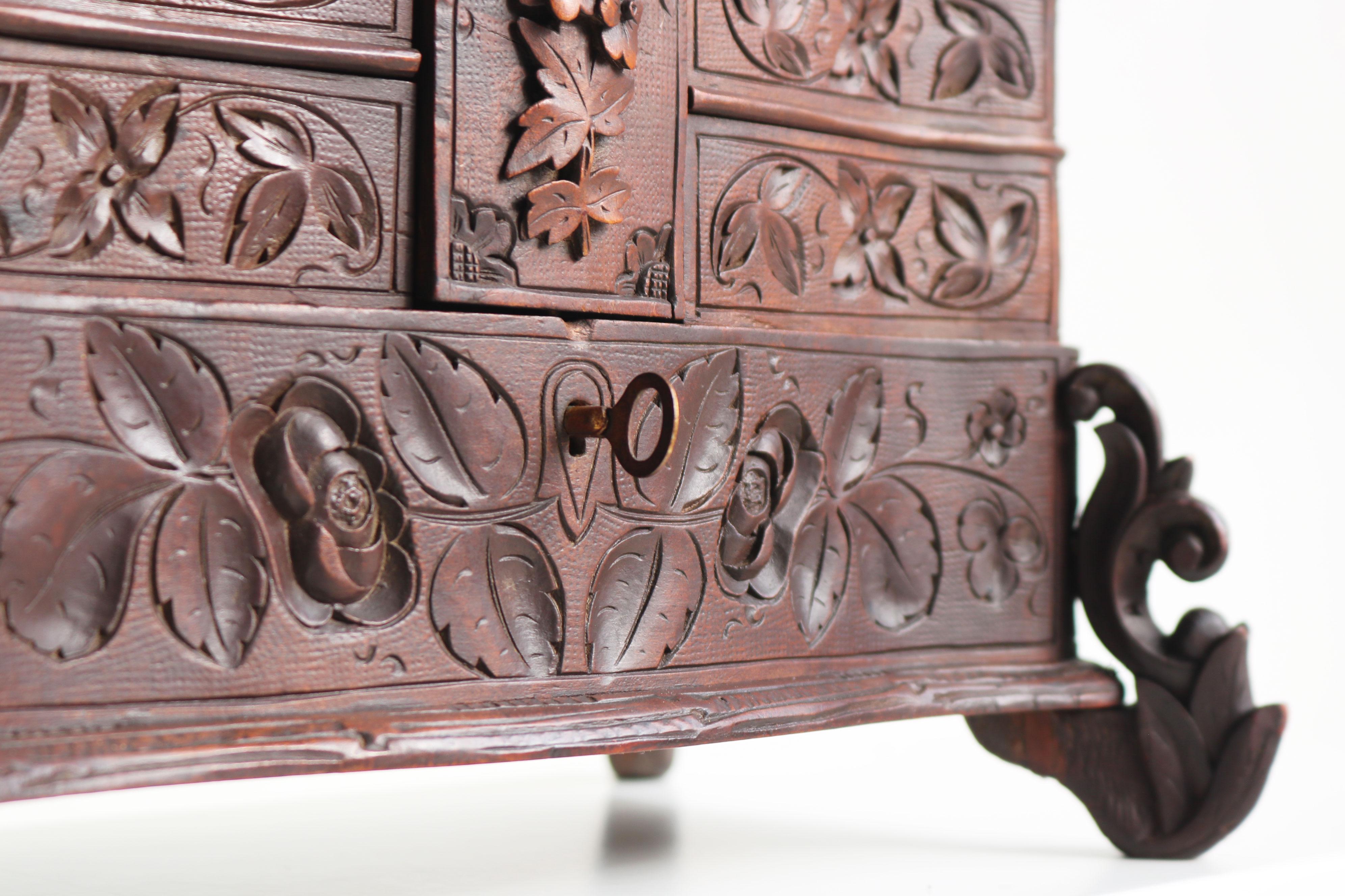 Rare Antique 4 Tier Black Forest Jewelry Box Fruitwood 19th Century Hand Carved For Sale 5