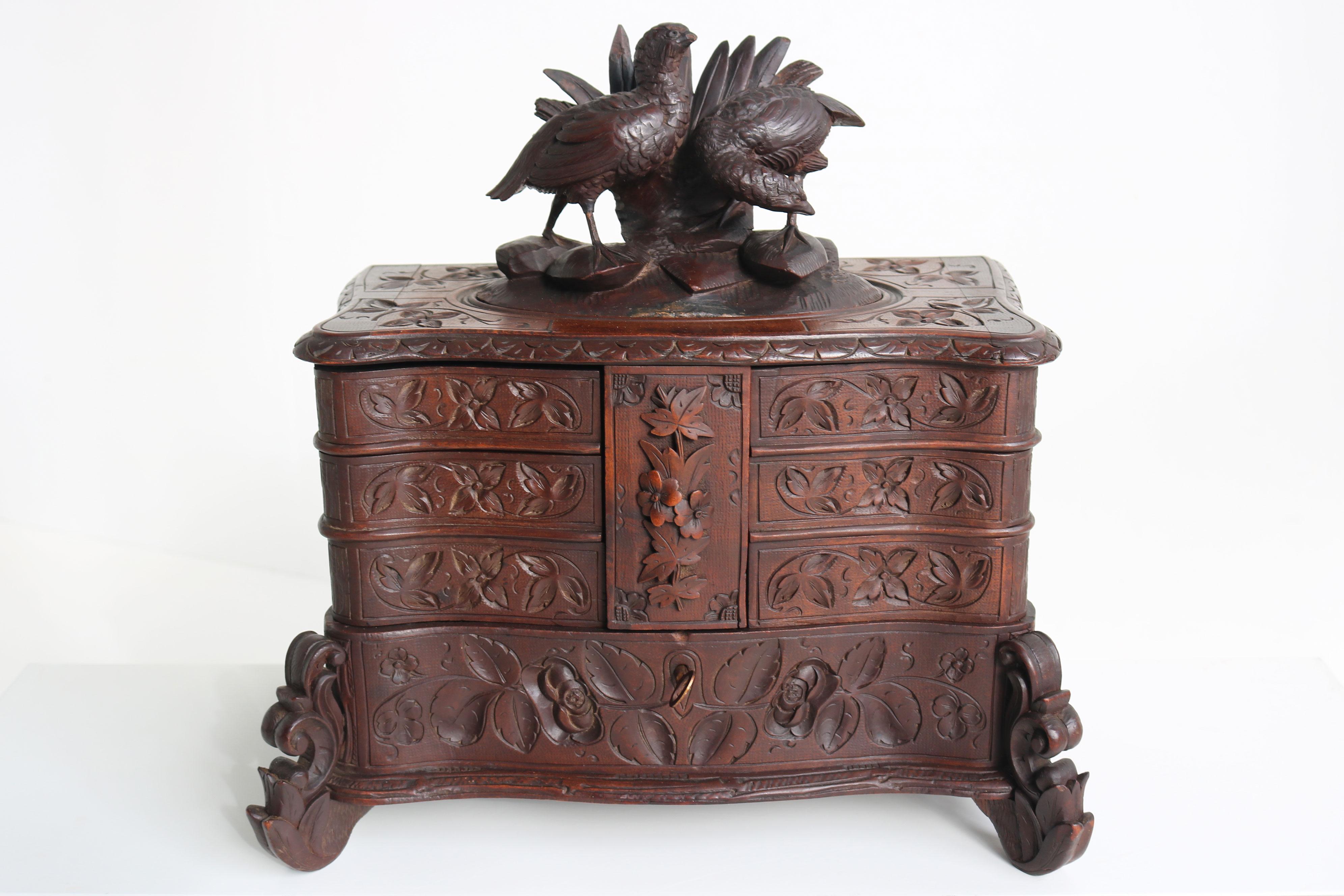 Rare Antique 4 Tier Black Forest Jewelry Box Fruitwood 19th Century Hand Carved For Sale 7