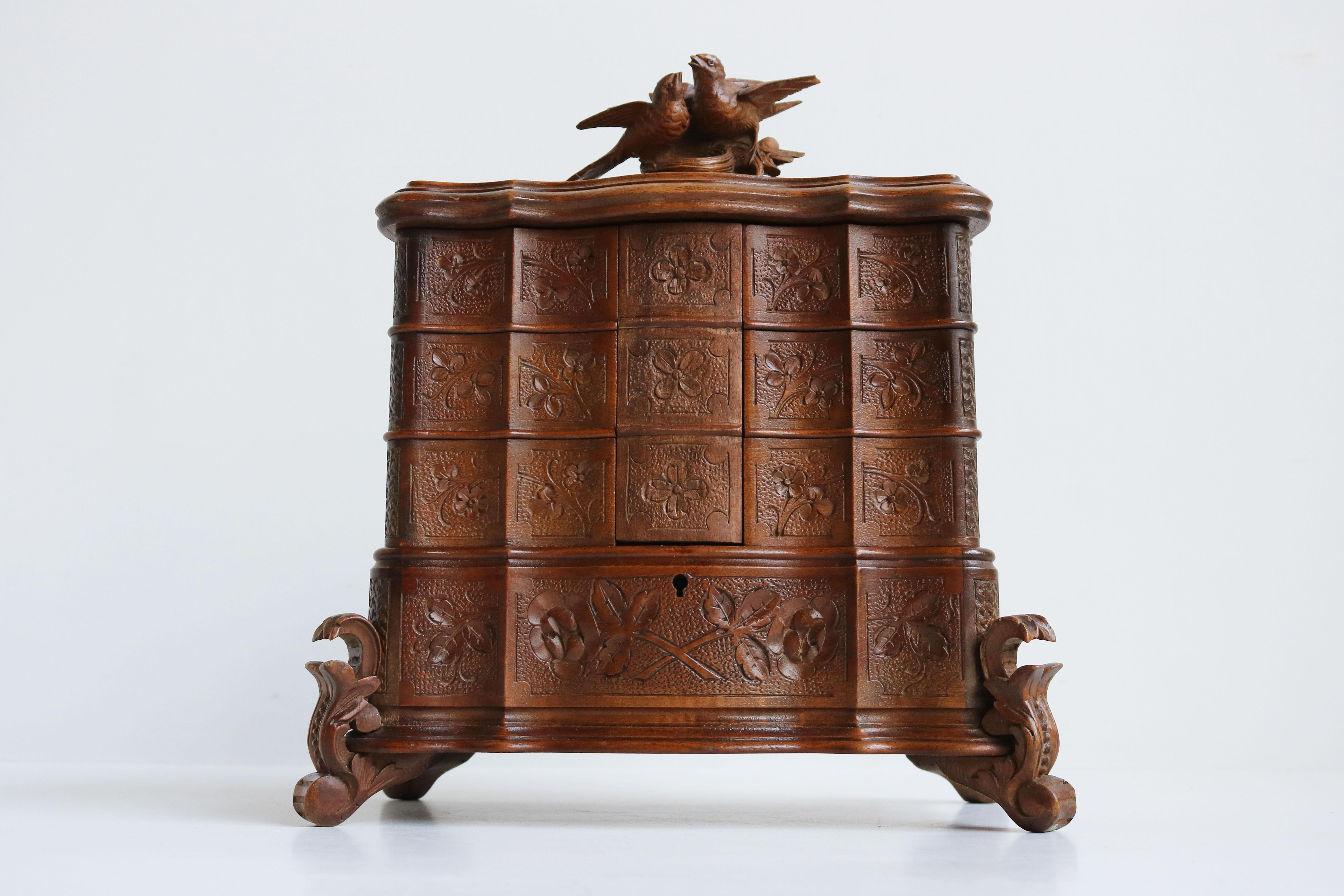 Rare Antique 4 Tier Black Forest Jewelry Box Fruitwood 19th Century Hand Carved 9