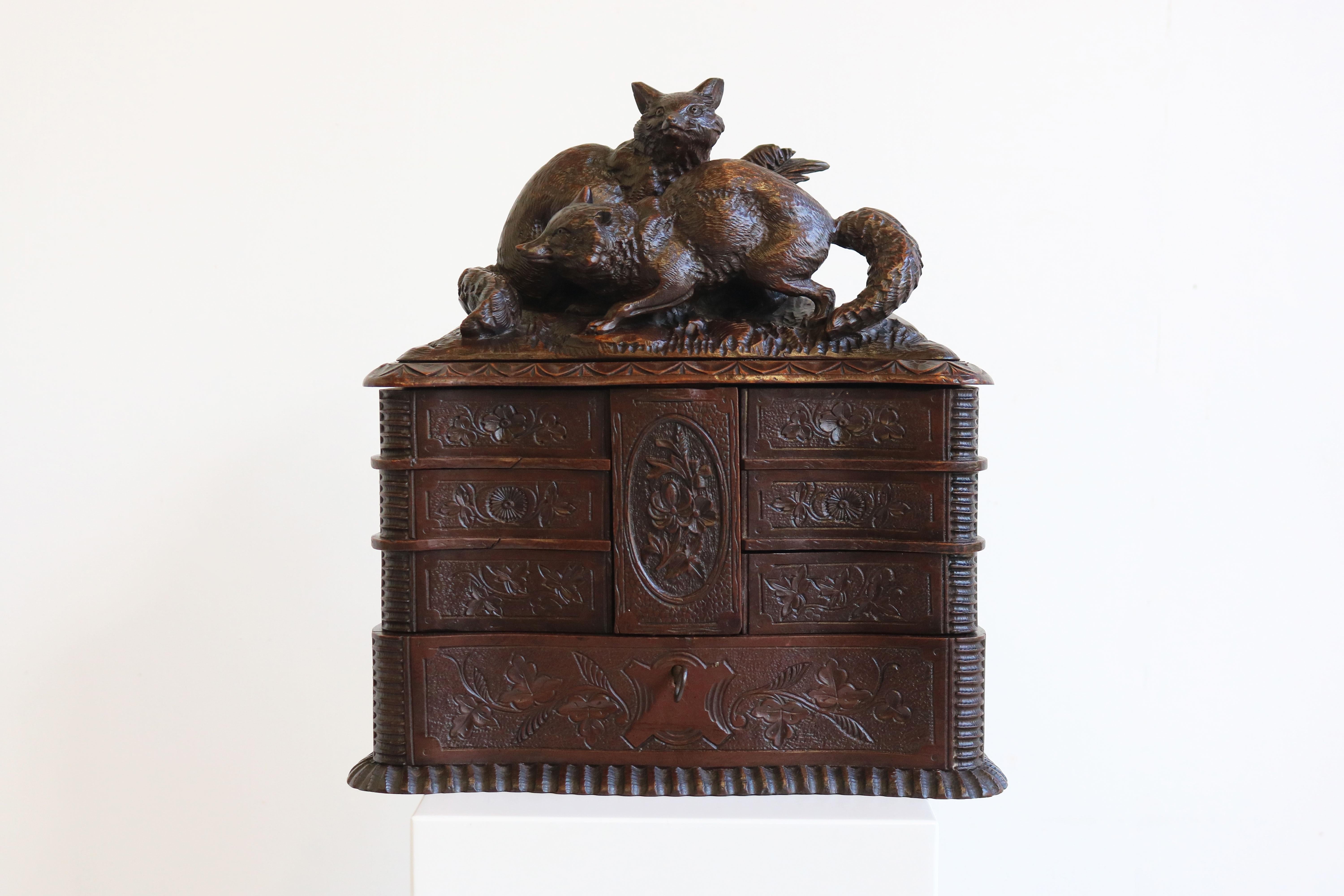 Rare Antique 4 Tier Black Forest Jewelry Box Fruitwood 19th Century Hand Carved For Sale 12