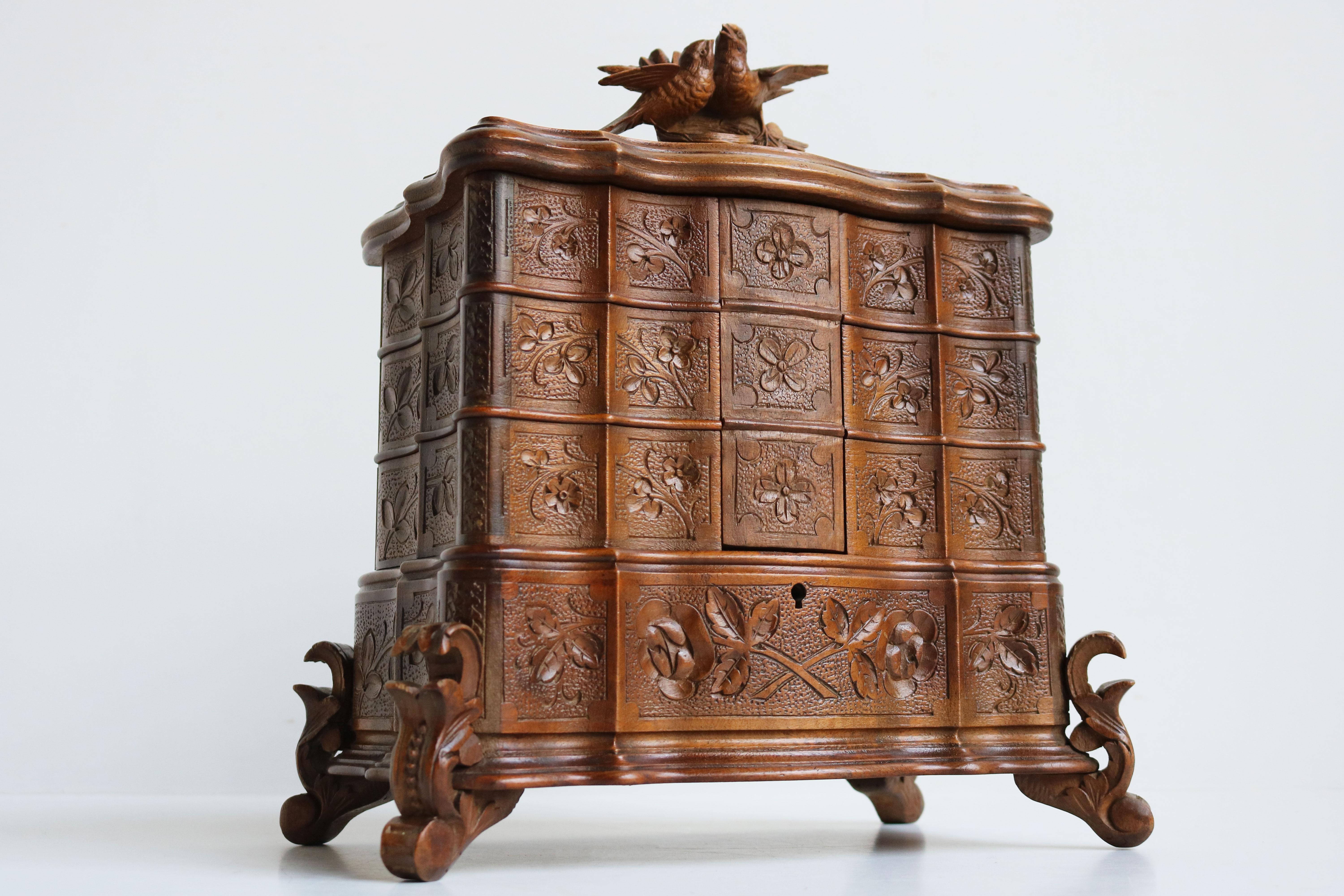 Swiss Rare Antique 4 Tier Black Forest Jewelry Box Fruitwood 19th Century Hand Carved