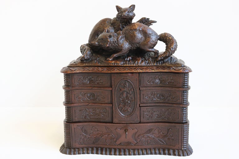Swiss Rare Antique 4 Tier Black Forest Jewelry Box Fruitwood 19th Century Hand Carved For Sale