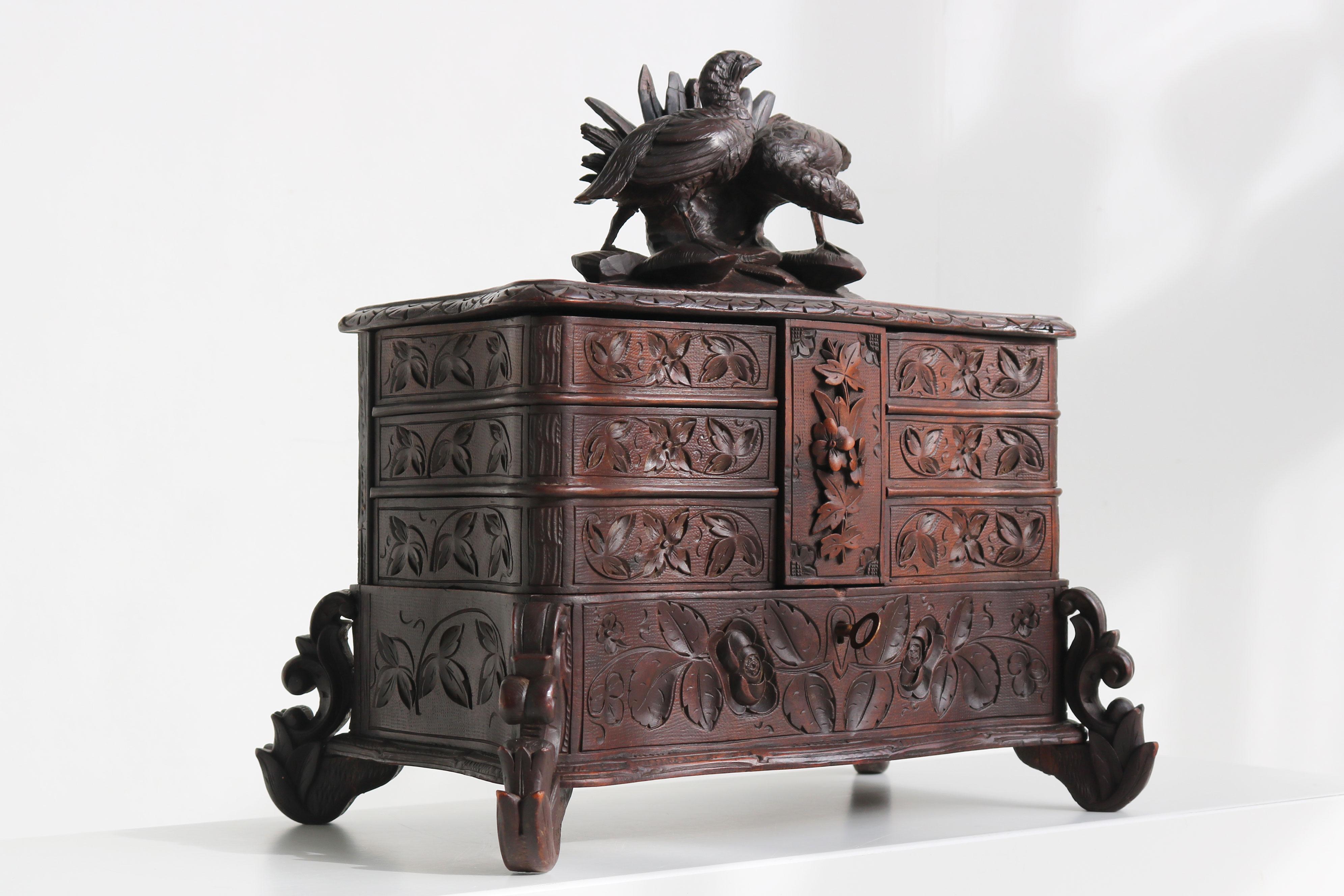Swiss Rare Antique 4 Tier Black Forest Jewelry Box Fruitwood 19th Century Hand Carved For Sale