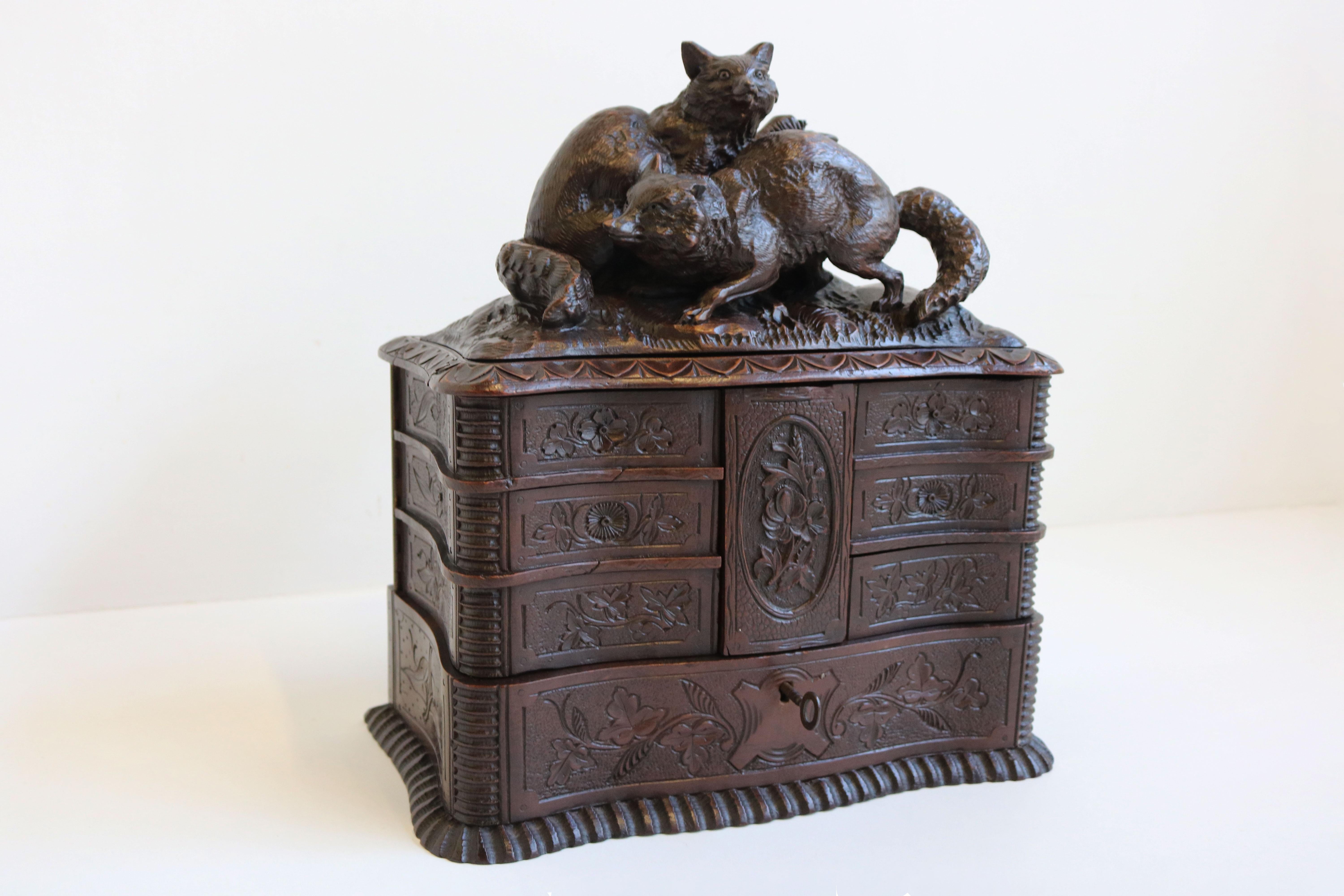Swiss Rare Antique 4 Tier Black Forest Jewelry Box Fruitwood 19th Century Hand Carved For Sale