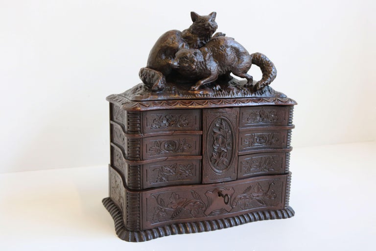 Rare Antique 4 Tier Black Forest Jewelry Box Fruitwood 19th Century Hand Carved In Good Condition For Sale In Ijzendijke, NL