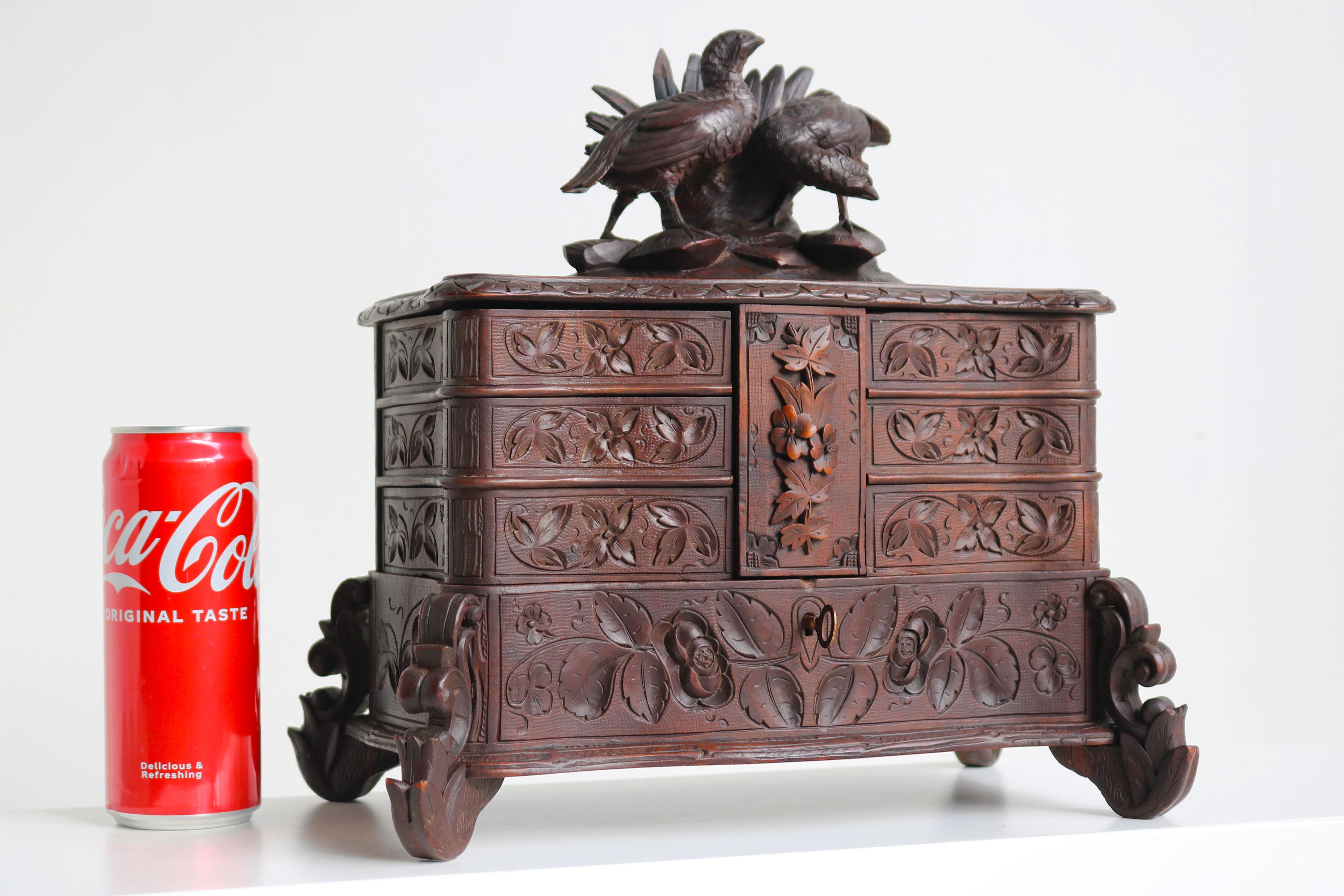 Hand-Carved Rare Antique 4 Tier Black Forest Jewelry Box Fruitwood 19th Century Hand Carved For Sale