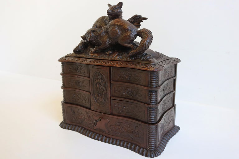 Late 19th Century Rare Antique 4 Tier Black Forest Jewelry Box Fruitwood 19th Century Hand Carved For Sale