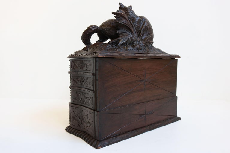Rare Antique 4 Tier Black Forest Jewelry Box Fruitwood 19th Century Hand Carved For Sale 1