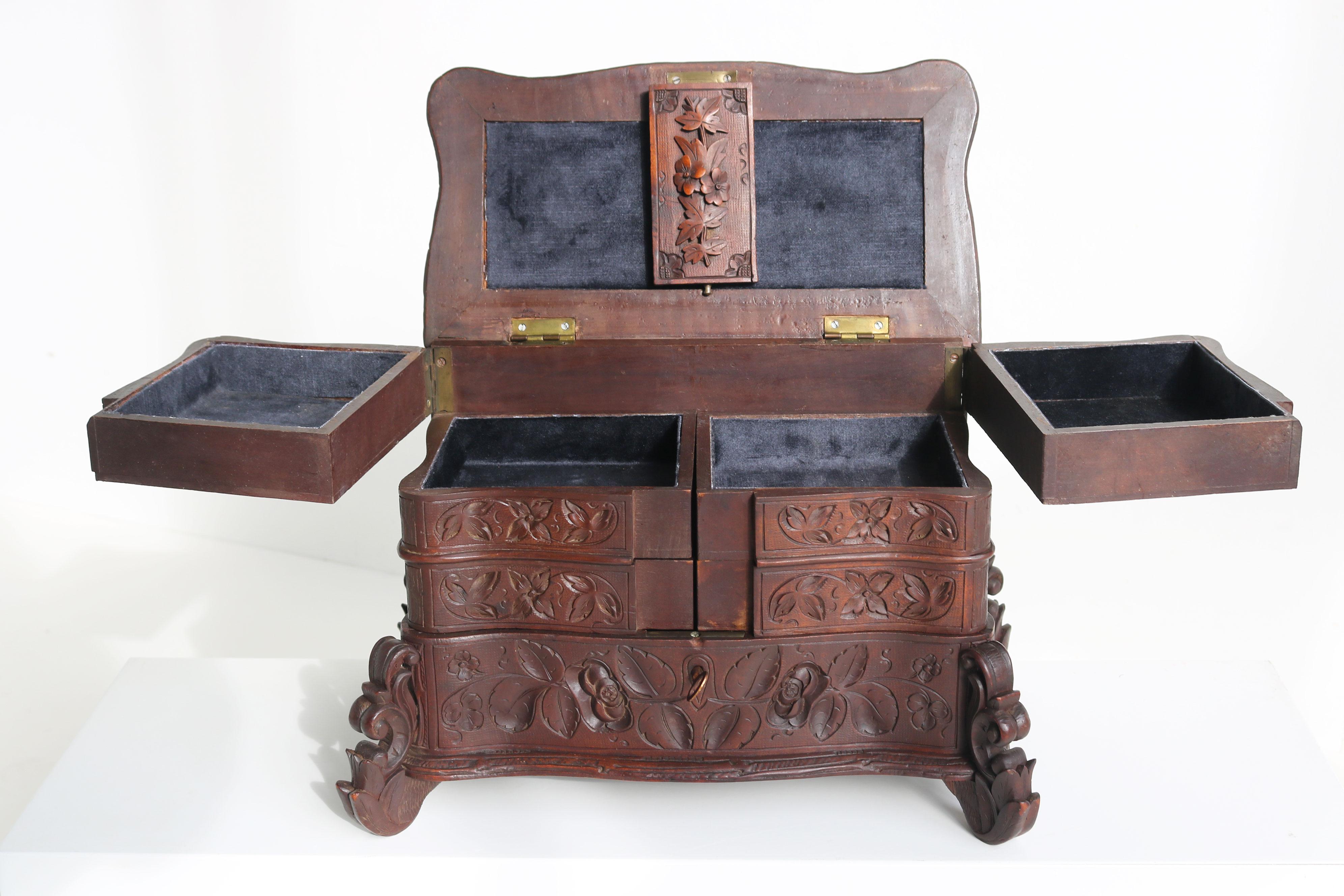 Velvet Rare Antique 4 Tier Black Forest Jewelry Box Fruitwood 19th Century Hand Carved For Sale