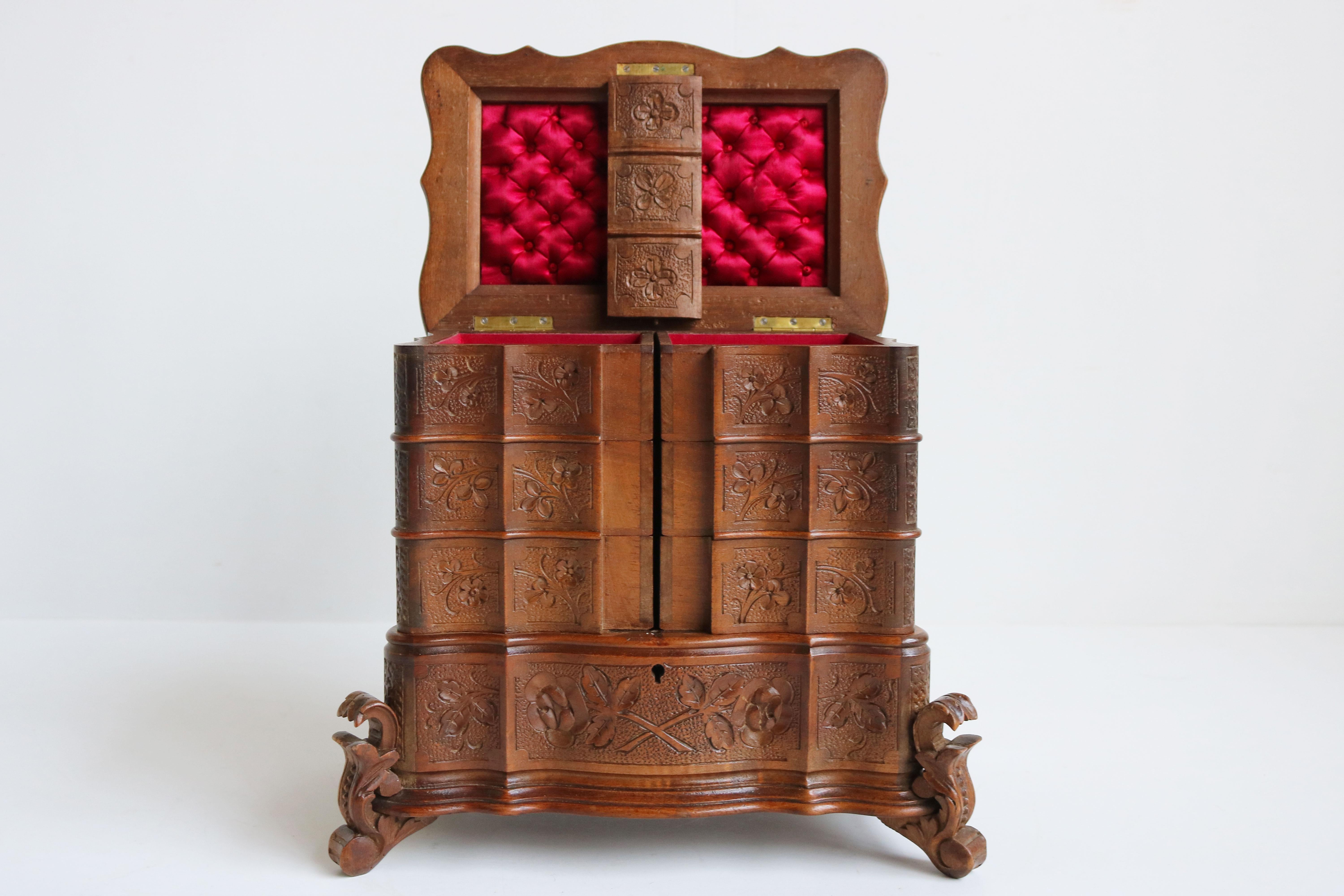 Velvet Rare Antique 4 Tier Black Forest Jewelry Box Fruitwood 19th Century Hand Carved