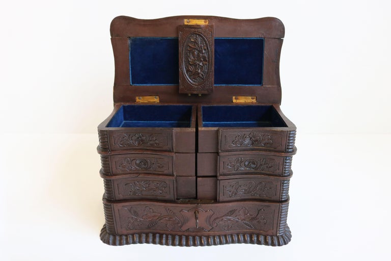 Rare Antique 4 Tier Black Forest Jewelry Box Fruitwood 19th Century Hand Carved For Sale 2