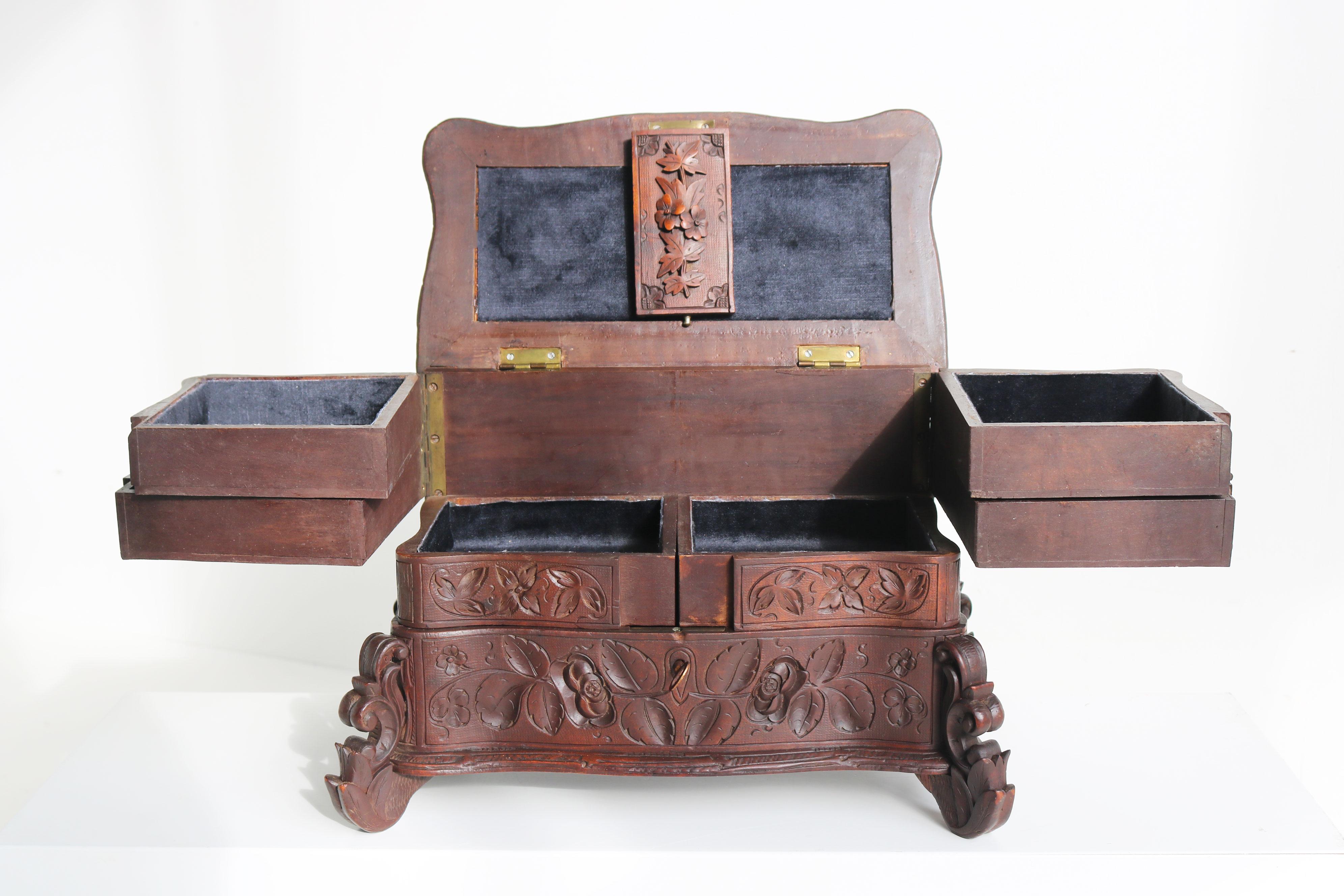 Rare Antique 4 Tier Black Forest Jewelry Box Fruitwood 19th Century Hand Carved For Sale 1