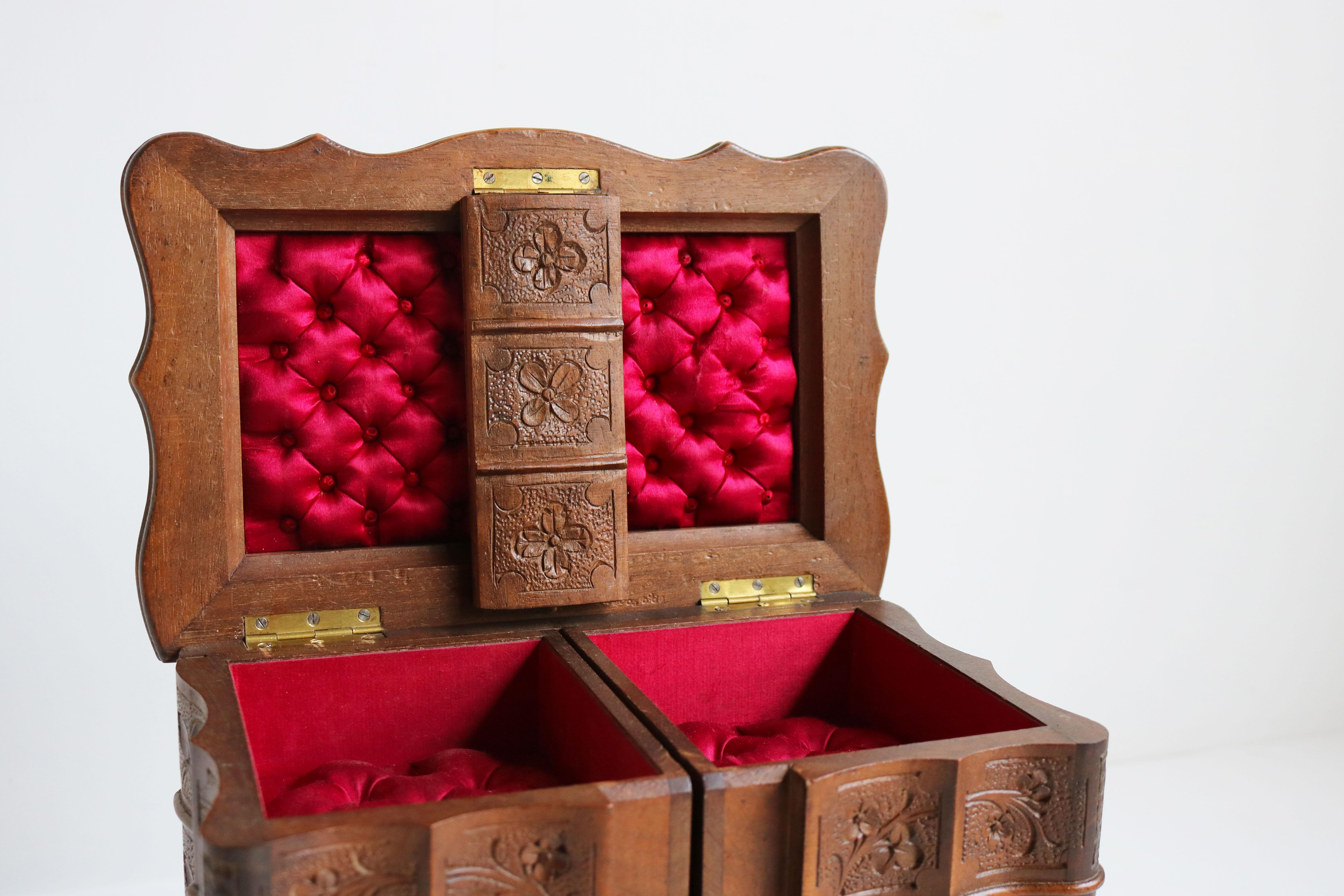 Rare Antique 4 Tier Black Forest Jewelry Box Fruitwood 19th Century Hand Carved 1