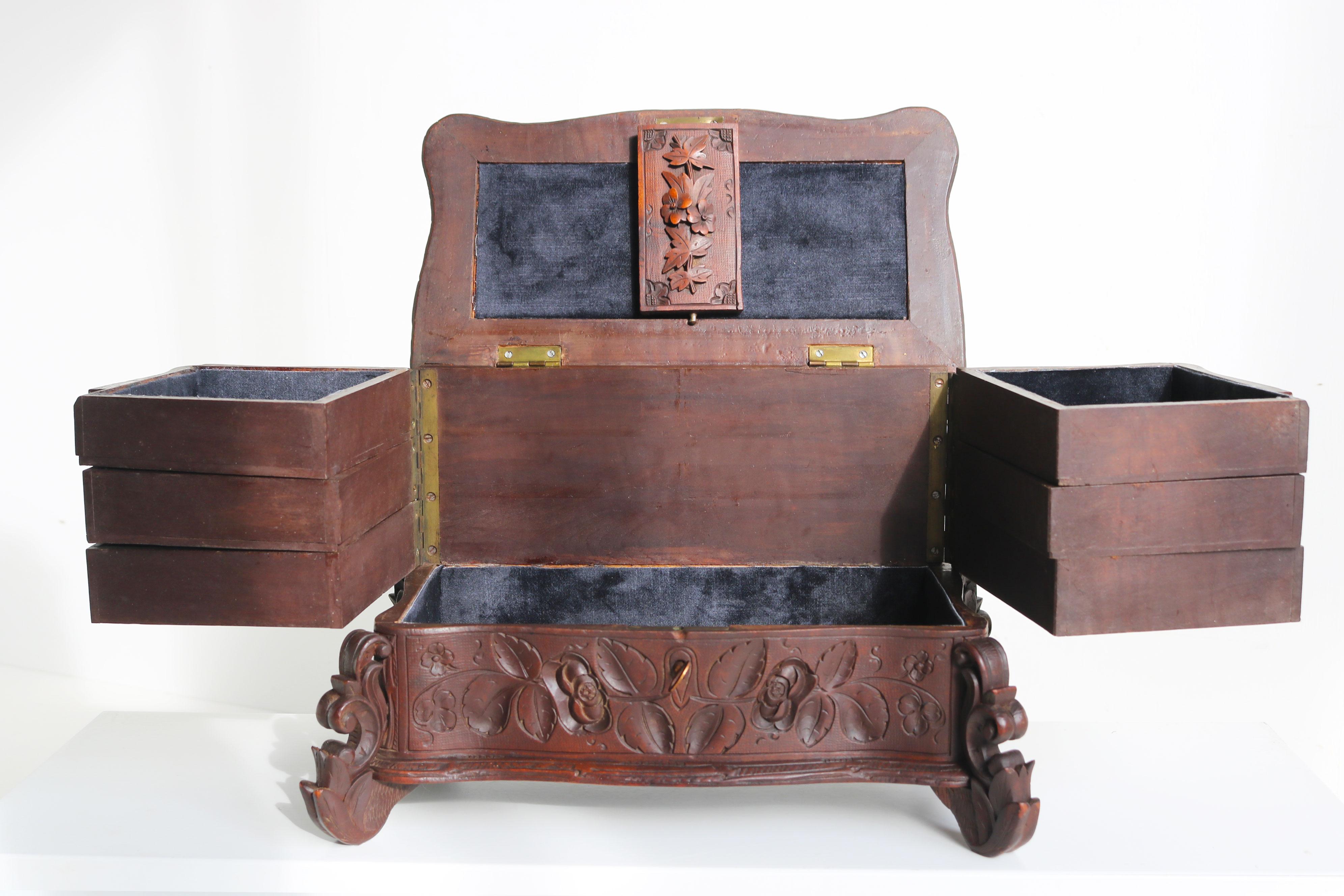 Rare Antique 4 Tier Black Forest Jewelry Box Fruitwood 19th Century Hand Carved For Sale 2