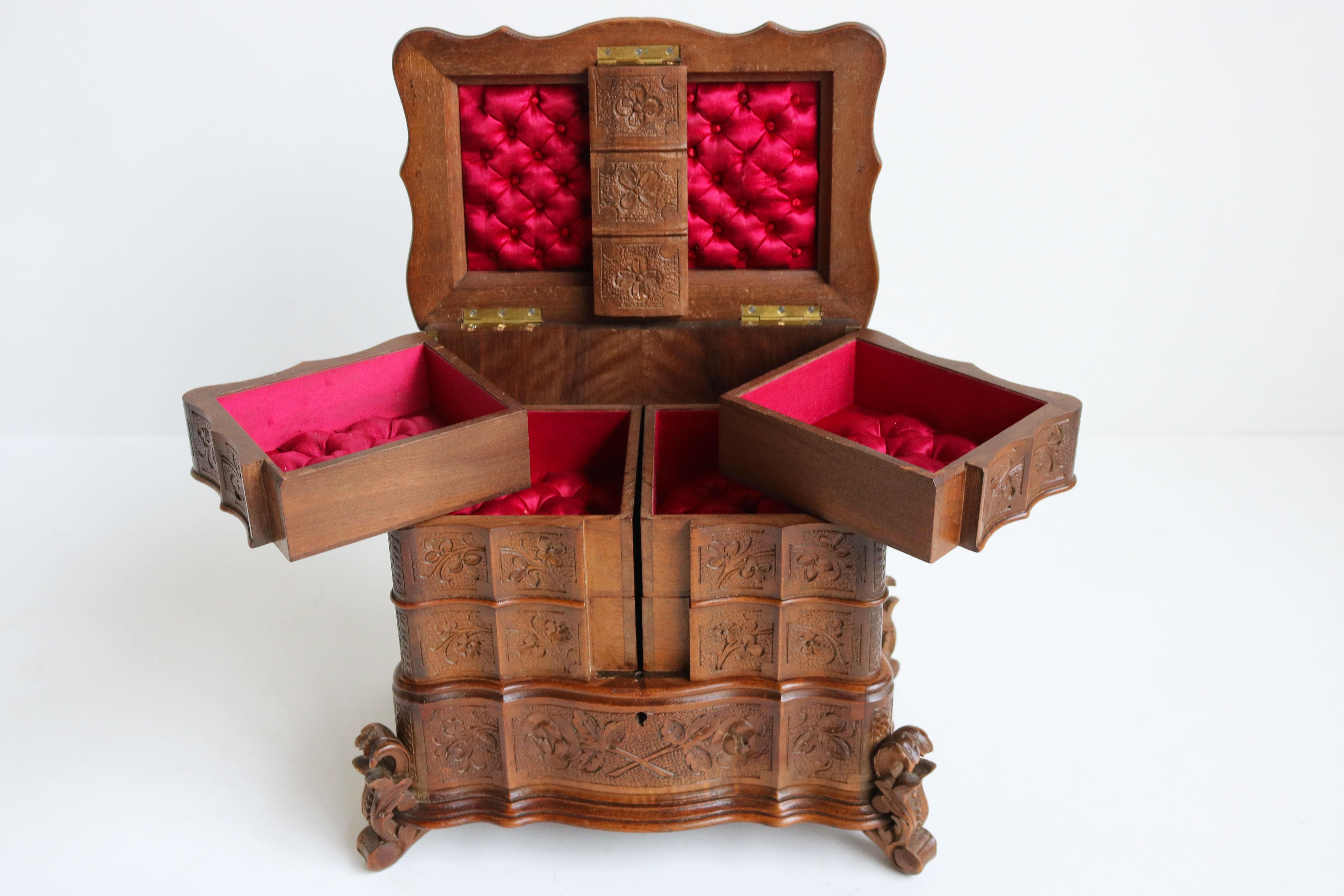 Rare Antique 4 Tier Black Forest Jewelry Box Fruitwood 19th Century Hand Carved 2