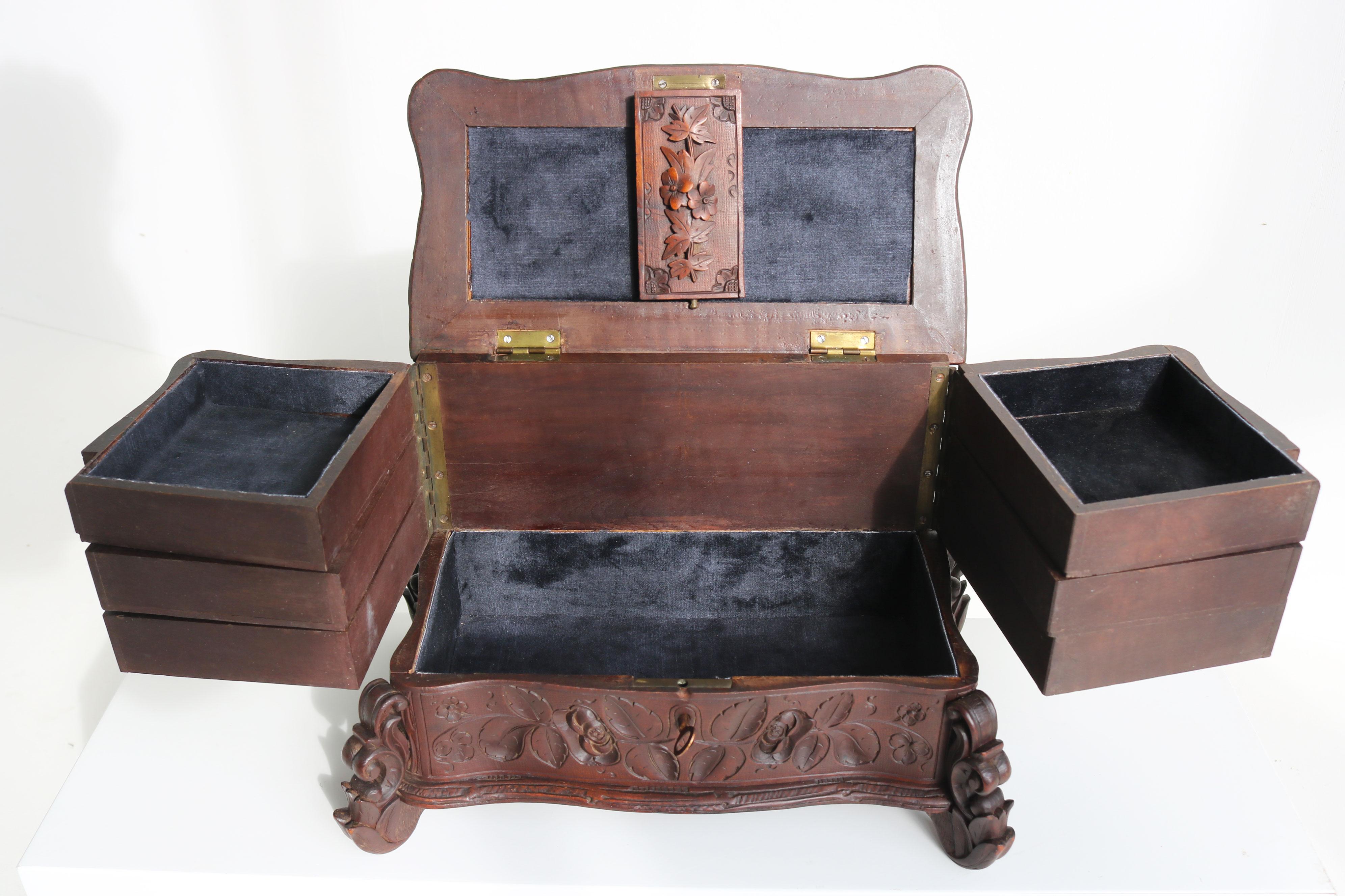 Rare Antique 4 Tier Black Forest Jewelry Box Fruitwood 19th Century Hand Carved For Sale 3