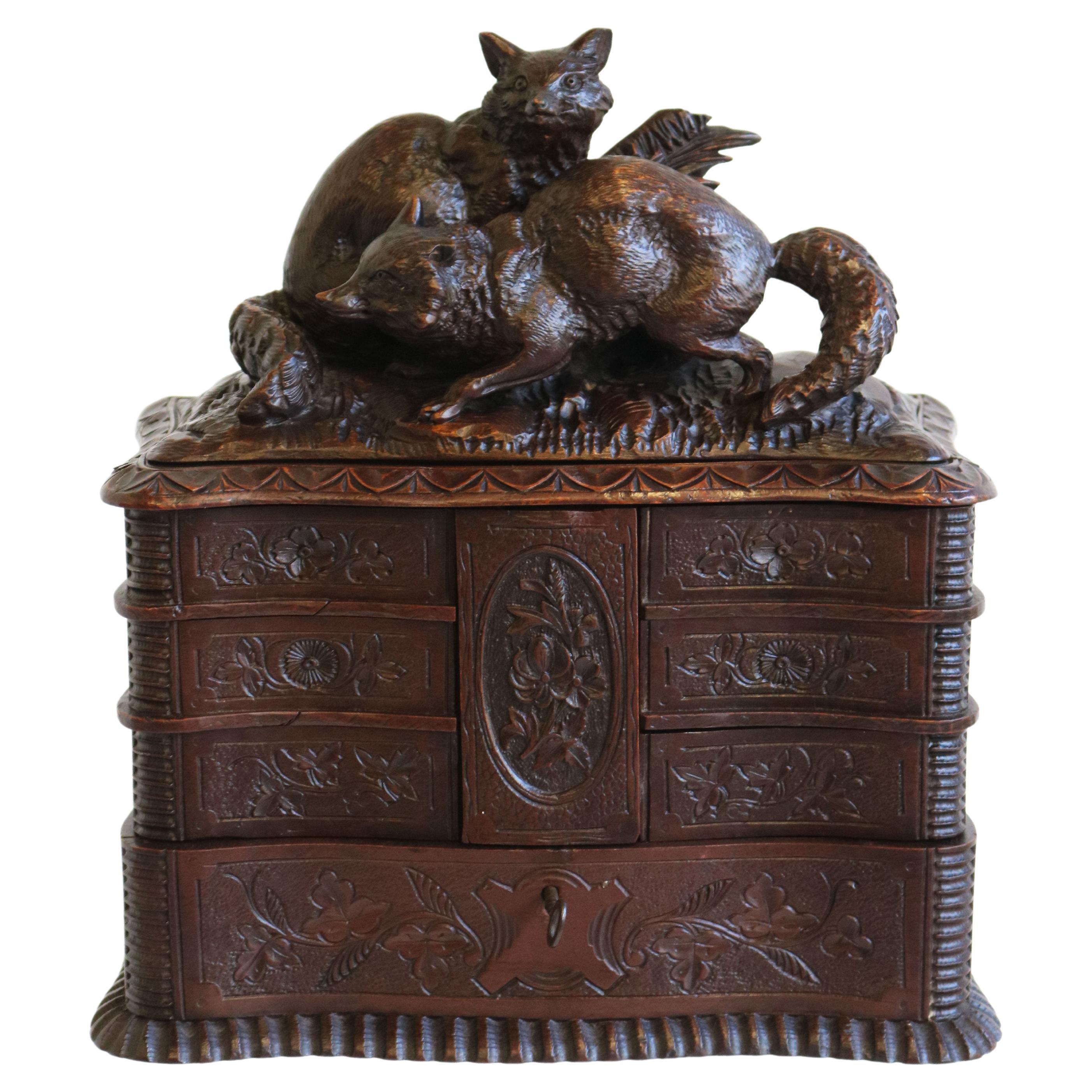 Rare Antique 4 Tier Black Forest Jewelry Box Fruitwood 19th Century Hand Carved For Sale