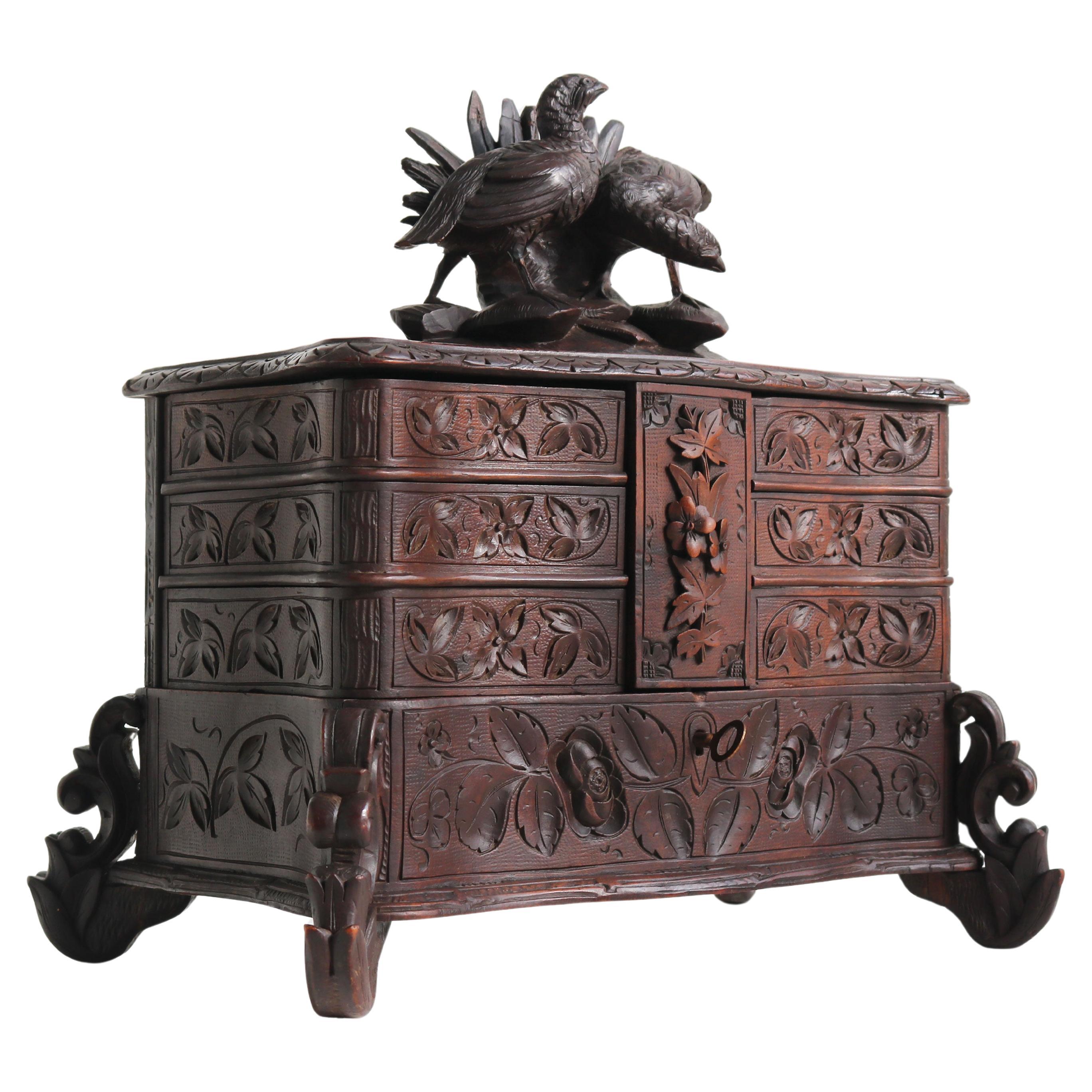 Rare Antique 4 Tier Black Forest Jewelry Box Fruitwood 19th Century Hand Carved
