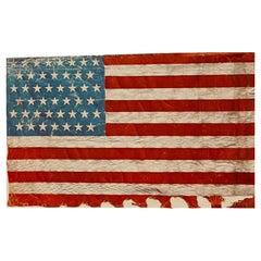 Rara Bandera Americana Antigua de 45 Estrellas Pintada a Mano sobre Algodón, Guerra Hispano-Americana