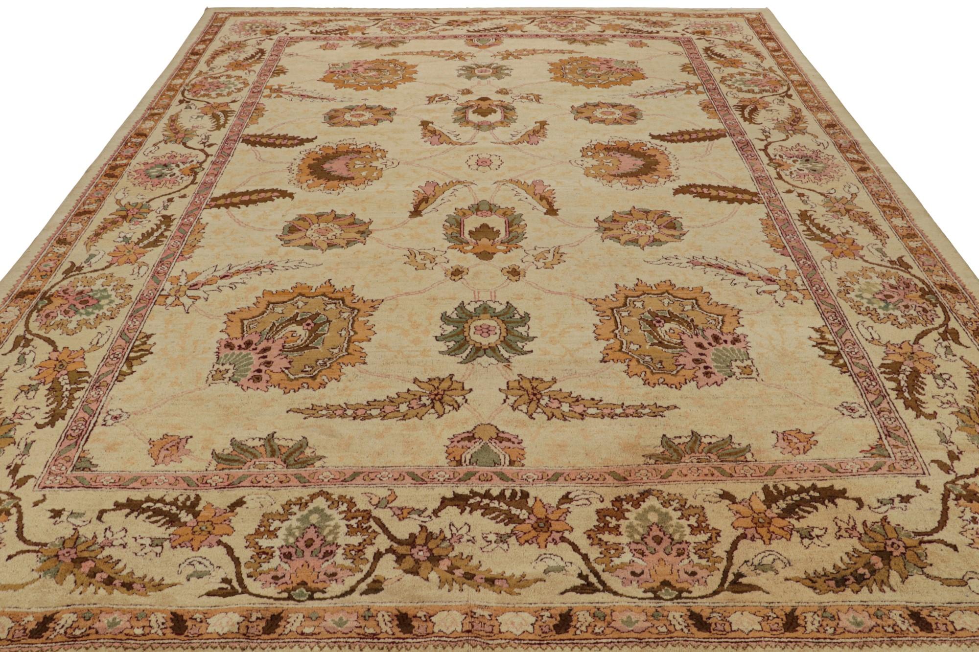 Indian Rare Antique Agra Rug in Gold with Green and Pink Floral Patterns For Sale