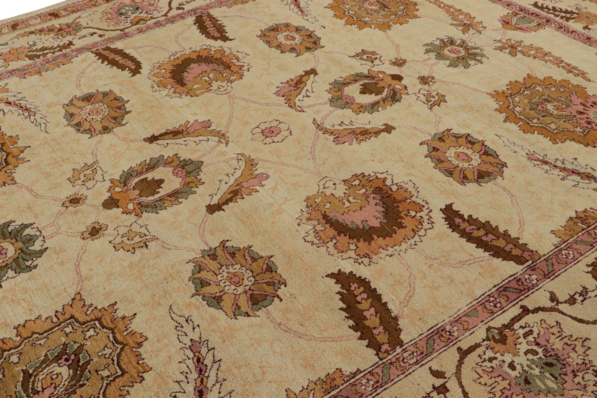 Hand-Knotted Rare Antique Agra Rug in Gold with Green and Pink Floral Patterns For Sale