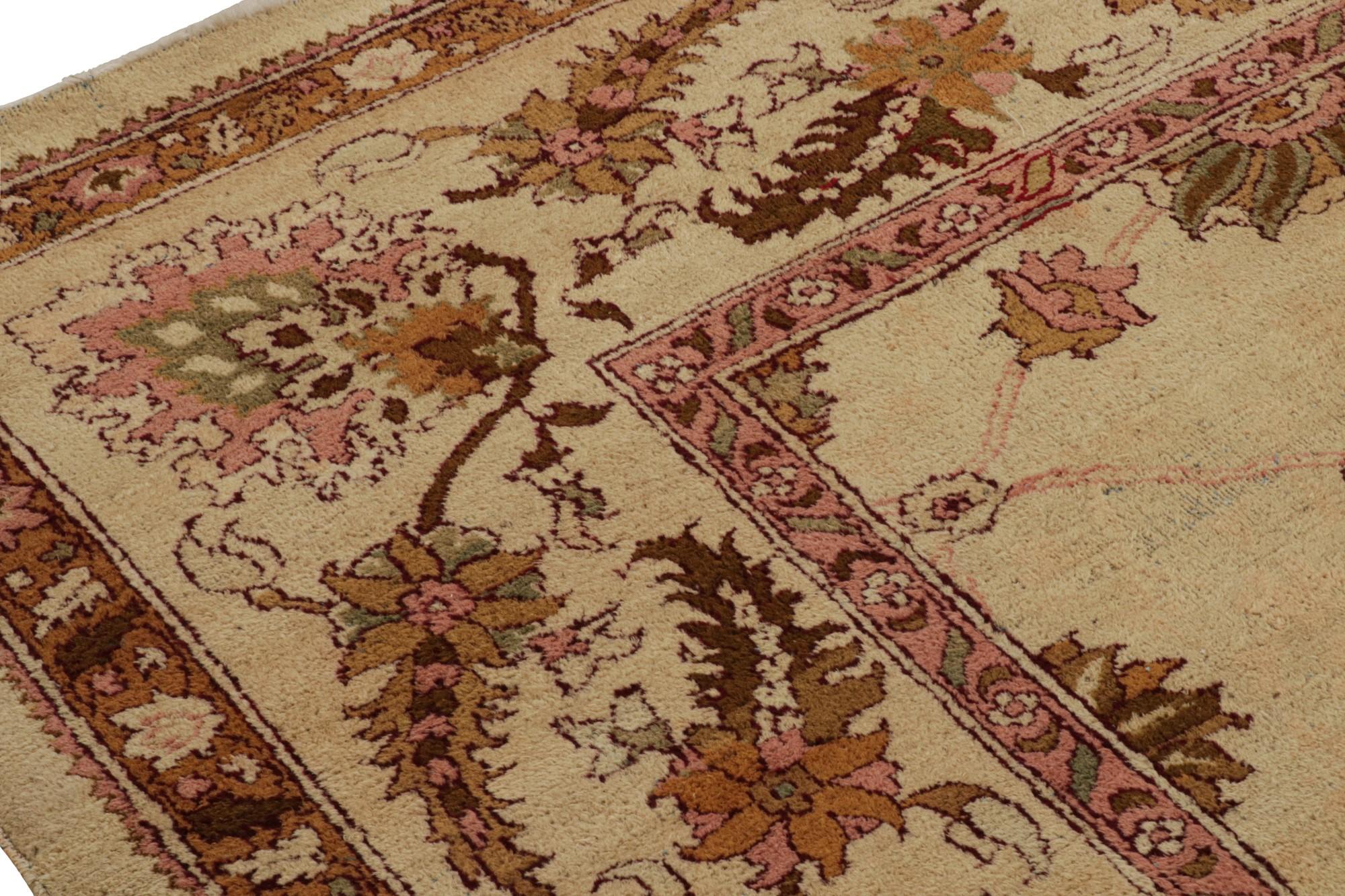Rare Antique Agra Rug in Gold with Green and Pink Floral Patterns In Good Condition For Sale In Long Island City, NY