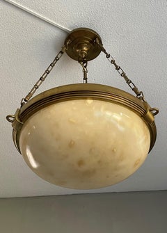 Rare Antique Alabaster and Bronze Pendant / Chandelier with a Unique Brass Chain