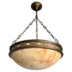 Arts & Crafts Alabaster Pendant / Chandelier with Bronze Gothic Style Frame
