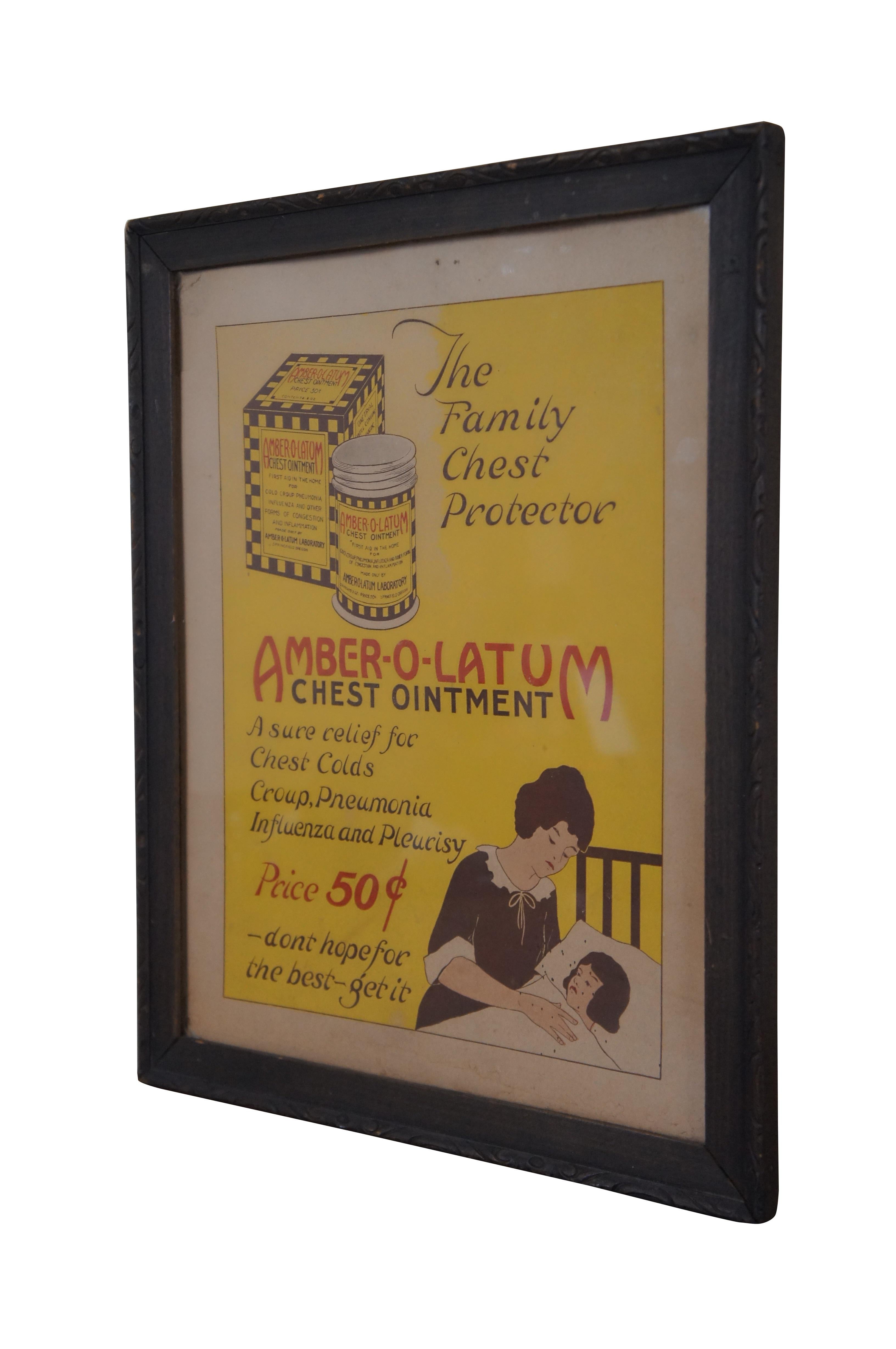 Rare antique medical print ad for Amber-o-Latum Laboratory Chest Ointment. “The Family Chest Protector – A sure relief for Chest Colds, croup, Pneumonia, Influenza, and Pleurisy. Price 50 Cents – Don’t hope for the best – Get