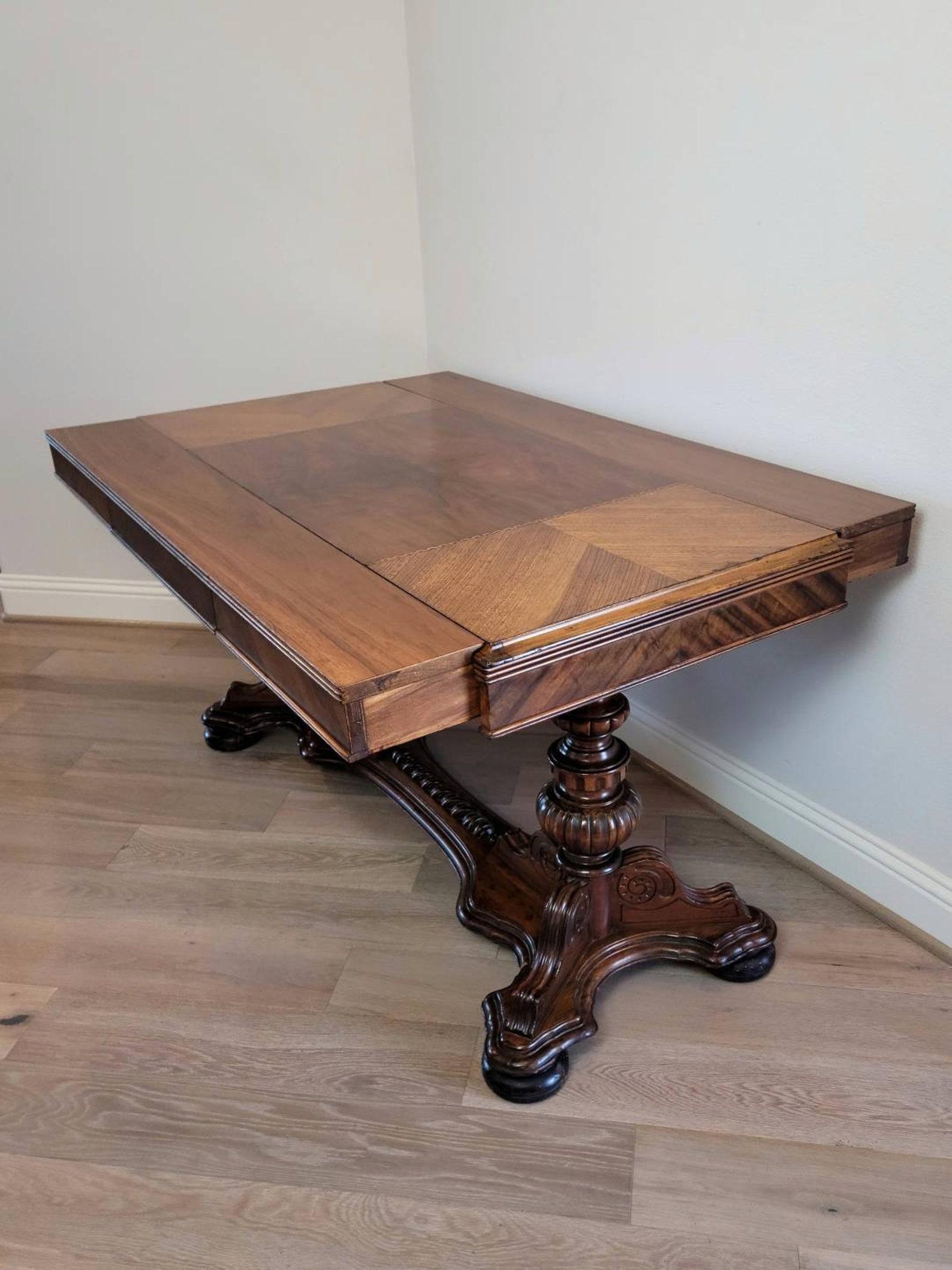 Parquetry Rare Antique American Renaissance Extension Library Table, Signed For Sale