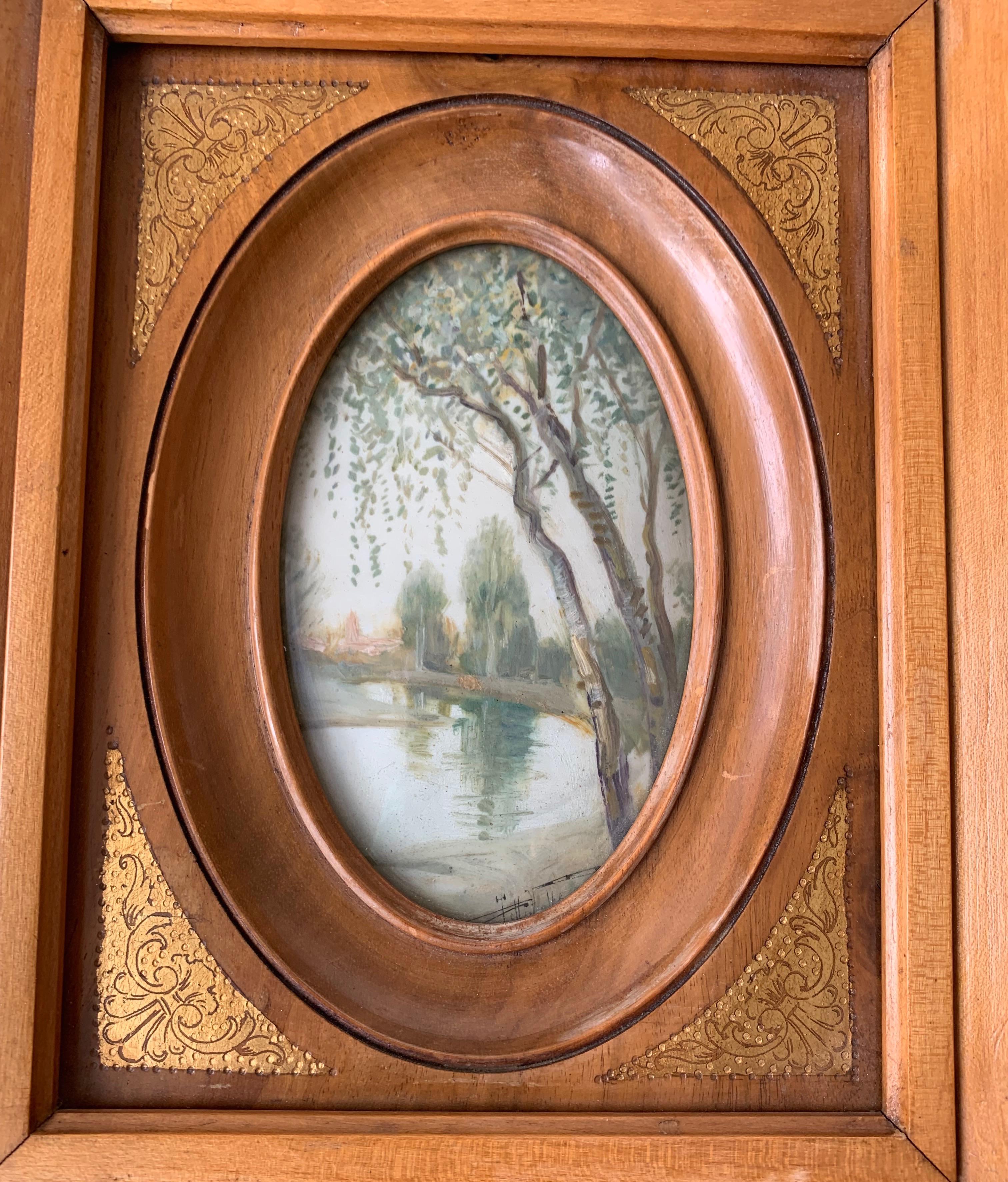 Rare Antique and Stylishly Handcrafted Beechwood Picture Frame with Painting In Good Condition In Lisse, NL