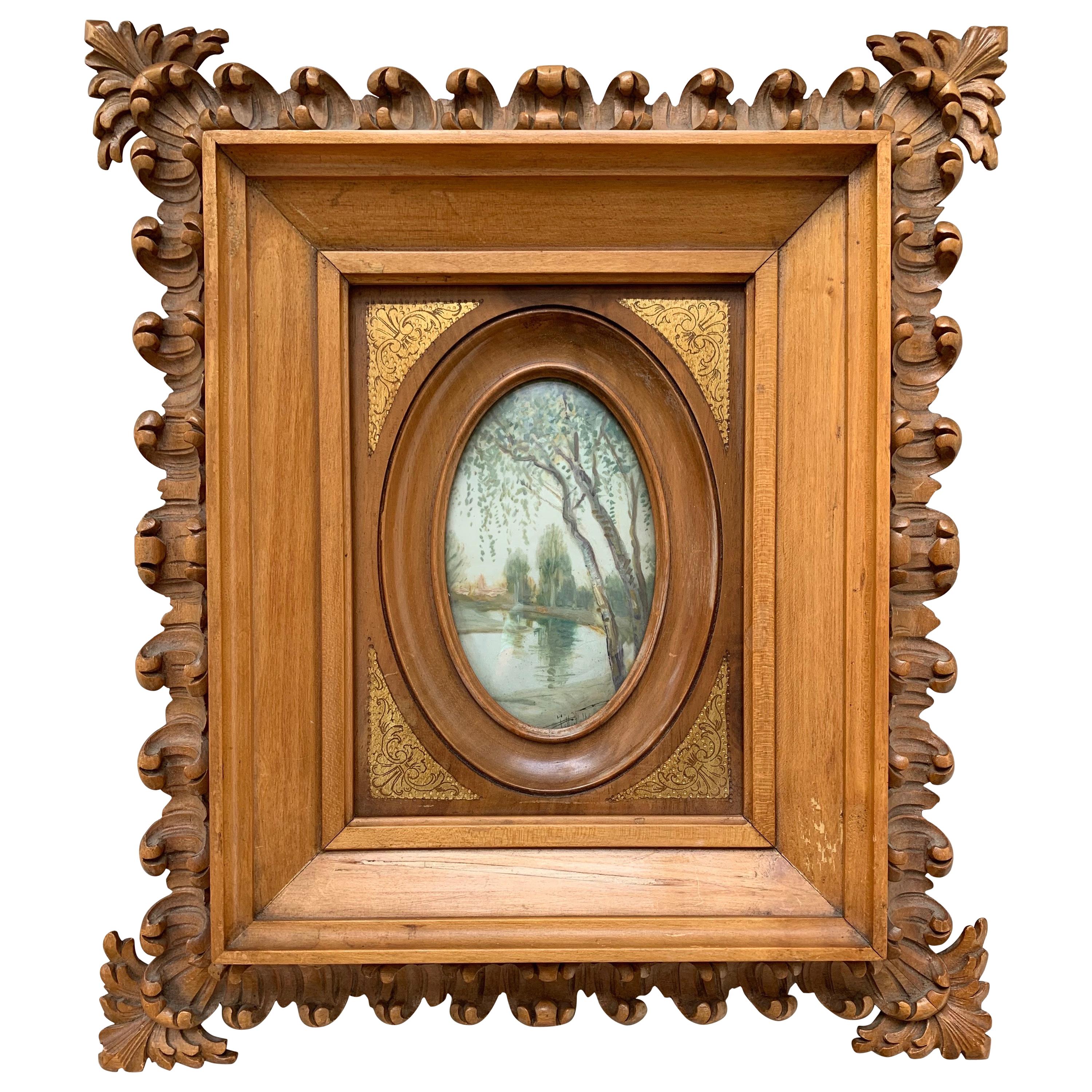 Rare Antique and Stylishly Handcrafted Beechwood Picture Frame with Painting