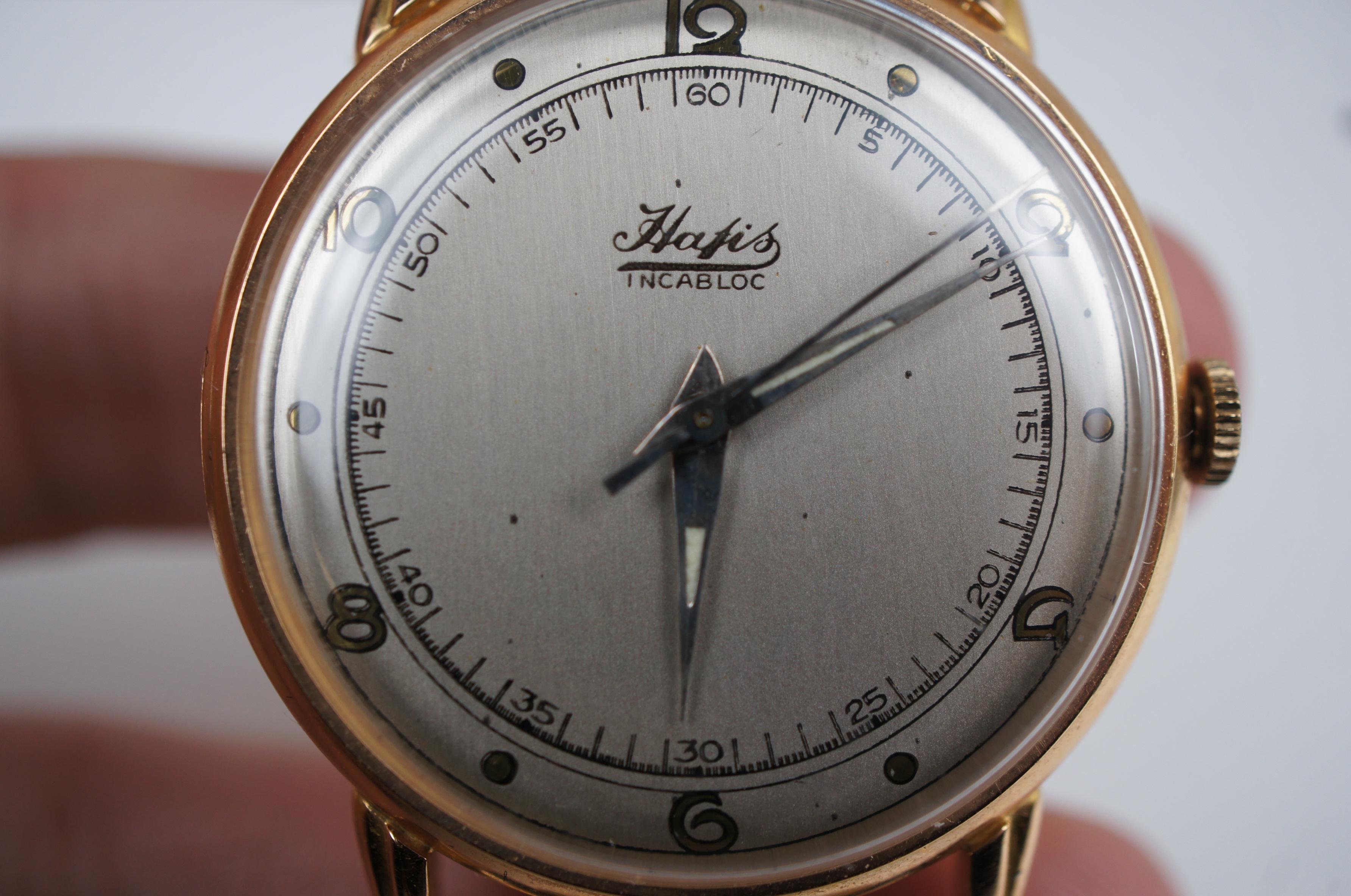 Seltene antike Art Deco Hafis Incabloc 18K Gold Mechanische Art-Déco-Armbanduhr im Angebot 7